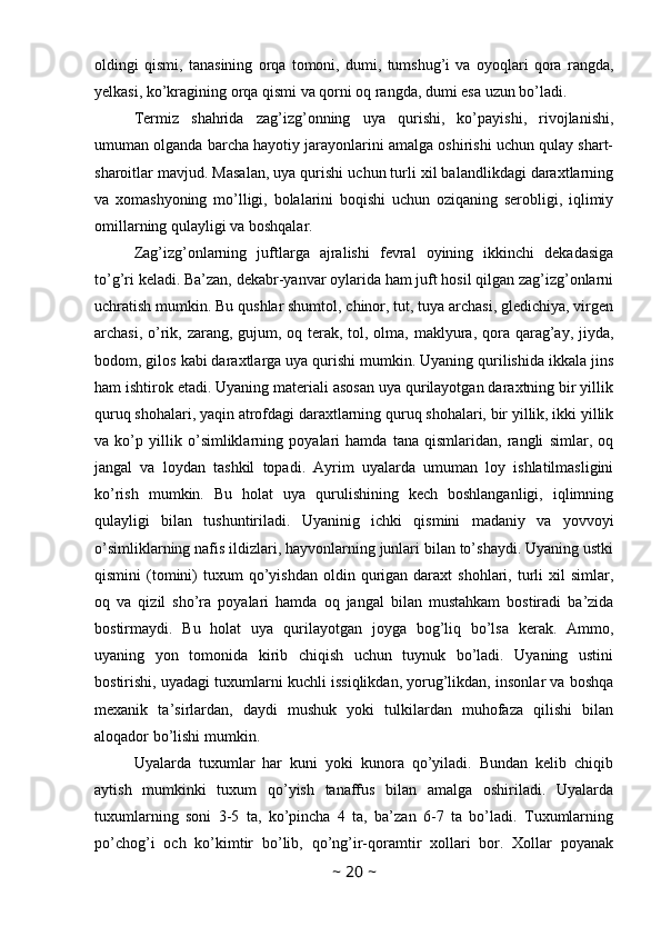 oldingi   qismi,   tanasining   orqa   tomoni,   dumi,   tumshug’i   va   oyoqlari   qora   rangda,
yelkasi, ko’kragining orqa qismi va qorni oq rangda, dumi esa uzun bo’ladi.  
Termiz   shahrida   zag’izg’onning   uya   qurishi,   ko’payishi,   rivojlanishi,
umuman olganda barcha hayotiy jarayonlarini amalga oshirishi uchun qulay shart-
sharoitlar mavjud. Masalan, uya qurishi uchun turli xil balandlikdagi daraxtlarning
va   xomashyoning   mo’lligi,   bolalarini   boqishi   uchun   oziqaning   serobligi,   iqlimiy
omillarning qulayligi va boshqalar. 
Zag’izg’onlarning   juftlarga   ajralishi   fevral   oyining   ikkinchi   dekadasiga
to’g’ri keladi. Ba’zan, dekabr-yanvar oylarida ham juft hosil qilgan zag’izg’onlarni
uchratish mumkin. Bu qushlar shumtol, chinor, tut, tuya archasi, gledichiya, virgen
archasi, o’rik, zarang, gujum, oq terak, tol, olma, maklyura, qora qarag’ay, jiyda,
bodom, gilos kabi daraxtlarga uya qurishi mumkin. Uyaning qurilishida ikkala jins
ham ishtirok etadi. Uyaning materiali asosan uya qurilayotgan daraxtning bir yillik
quruq shohalari, yaqin atrofdagi daraxtlarning quruq shohalari, bir yillik, ikki yillik
va   ko’p   yillik   o’simliklarning   poyalari   hamda   tana   qismlaridan,   rangli   simlar,   oq
jangal   va   loydan   tashkil   topadi.   Ayrim   uyalarda   umuman   loy   ishlatilmasligini
ko’rish   mumkin.   Bu   holat   uya   qurulishining   kech   boshlanganligi,   iqlimning
qulayligi   bilan   tushuntiriladi.   Uyaninig   ichki   qismini   madaniy   va   yovvoyi
o’simliklarning nafis ildizlari, hayvonlarning junlari bilan to’shaydi. Uyaning ustki
qismini   (tomini)   tuxum   qo’yishdan   oldin  qurigan  daraxt  shohlari,  turli   xil  simlar,
oq   va   qizil   sho’ra   poyalari   hamda   oq   jangal   bilan   mustahkam   bostiradi   ba’zida
bostirmaydi.   Bu   holat   uya   qurilayotgan   joyga   bog’liq   bo’lsa   kerak.   Ammo,
uyaning   yon   tomonida   kirib   chiqish   uchun   tuynuk   bo’ladi.   Uyaning   ustini
bostirishi, uyadagi tuxumlarni kuchli issiqlikdan, yorug’likdan, insonlar va boshqa
mexanik   ta’sirlardan,   daydi   mushuk   yoki   tulkilardan   muhofaza   qilishi   bilan
aloqador bo’lishi mumkin.  
Uyalarda   tuxumlar   har   kuni   yoki   kunora   qo’yiladi.   Bundan   kelib   chiqib
aytish   mumkinki   tuxum   qo’yish   tanaffus   bilan   amalga   oshiriladi.   Uyalarda
tuxumlarning   soni   3-5   ta,   ko’pincha   4   ta,   ba’zan   6-7   ta   bo’ladi.   Tuxumlarning
po’chog’i   och   ko’kimtir   bo’lib,   qo’ng’ir-qoramtir   xollari   bor.   Xollar   poyanak
~  20  ~
