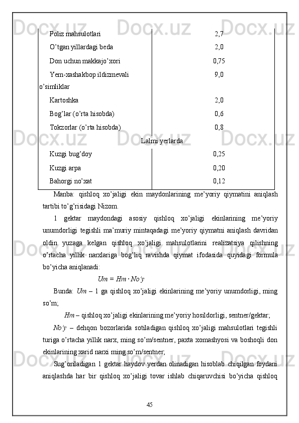 Poliz mahsulotlari  2,7 
O’tgan yillardagi beda  2,0 
Don uchun makkajo’xori  0,75 
Yem-xashakbop ildizmevali 
o’simliklar  9,0 
Kartoshka  2,0 
Bog’lar (o’rta hisobda)  0,6 
Tokzorlar (o’rta hisobda)  0,8 
Lalmi yerlarda 
Kuzgi bug’doy  0,25 
Kuzgi arpa  0,20 
Bahorgi no’xat  0,12 
Manba :   qishloq   xo ’ jaligi   ekin   maydonlarining   me ’ yoriy   qiymatini   aniqlash
tartibi   to ’ g ’ risidagi   Nizom .
1   gektar   maydondagi   asosiy   qishloq   xo ’ jaligi   ekinlarining   me ’ yoriy
unumdorligi   tegishli   ma ’ muriy   mintaqadagi   me ’ yoriy   qiymatni   aniqlash   davridan
oldin   yuzaga   kelgan   qishloq   xo ’ jaligi   mahsulotlarini   realizatsiya   qilishning
o ’ rtacha   yillik   narxlariga   bog ’ liq   ravishda   qiymat   ifodasida   quyidagi   formula
bo ’ yicha   aniqlanadi : 
                          Um = Hm  ·  No’y  
Bunda:   Um   – 1 ga qishloq xo’jaligi  ekinlarining me’yoriy unumdorligi, ming
so’m; 
       Hm  – qishloq xo’jaligi ekinlarining me’yoriy hosildorligi, sentner/gektar; 
No’y   –   dehqon   bozorlarida   sotiladigan   qishloq   xo’jaligi   mahsulotlari   tegishli
turiga o’rtacha yillik narx, ming so’m/sentner, paxta xomashyosi  va boshoqli don
ekinlarining xarid narxi ming so’m/sentner; 
Sug’oriladigan  1   gektar   haydov   yerdan  olinadigan   hisoblab   chiqilgan  foydani
aniqlashda   har   bir   qishloq   xo’jaligi   tovar   ishlab   chiqaruvchisi   bo’yicha   qishloq
45