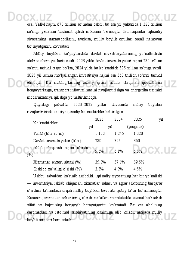 19esa, YaIM hajmi 670 trillion so‘mdan oshdi, bu esa yil yakunida 1 320 trillion
so‘mga   yetishini   bashorat   qilish   imkonini   bermoqda.   Bu   raqamlar   iqtisodiy
siyosatning   samaradorligini,   ayniqsa,   milliy   boylik   omillari   orqali   namoyon
bo‘layotganini ko‘rsatadi.
Milliy   boylikni   ko‘paytirishda   davlat   investitsiyalarining   yo‘naltirilishi
alohida ahamiyat kasb etadi. 2023 yilda davlat investitsiyalari hajmi 280 trillion
so‘mni tashkil etgan bo‘lsa, 2024 yilda bu ko‘rsatkich 325 trillion so‘mga yetdi.
2025 yil uchun mo‘ljallangan investitsiya hajmi esa 360 trillion so‘mni tashkil
etmoqda.   Bu   mablag‘larning   asosiy   qismi   ishlab   chiqarish   quvvatlarini
kengaytirishga, transport infratuzilmasini rivojlantirishga va energetika tizimini
modernizatsiya qilishga yo‘naltirilmoqda.
Quyidagi   jadvalda   2023–2025   yillar   davomida   milliy   boylikni
rivojlantirishda asosiy iqtisodiy ko‘rsatkichlar keltirilgan:
Ko‘rsatkichlar 2023
yil 2024
yil 2025   yil
(prognoz)
YaIM (trln. so‘m) 1 120 1 245 1 320
Davlat investitsiyalari (trln.) 280 325 360
Ishlab   chiqarish   hajmi   o‘sishi
(%) 5.6% 6.1% 6.5%
Xizmatlar sektori ulushi (%) 35.2% 37.1% 39.5%
Qishloq xo‘jaligi o‘sishi (%) 3.8% 4.2% 4.5%
Ushbu jadvaldan ko‘rinib turibdiki, iqtisodiy siyosatning har bir yo‘nalishi
— investitsiya,  ishlab chiqarish, xizmatlar  sohasi  va agrar  sektorning barqaror
o‘sishini  ta’minlash orqali milliy boylikka bevosita ijobiy ta’sir ko‘rsatmoqda.
Xususan,   xizmatlar   sektorining   o‘sish   sur’atlari   mamlakatda   xizmat   ko‘rsatish
sifati   va   hajmining   kengayib   borayotganini   ko‘rsatadi.   Bu   esa   aholining
daromadlari   va   iste’mol   salohiyatining   oshishiga   olib   keladi,   natijada   milliy
boylik miqdori ham ortadi. 