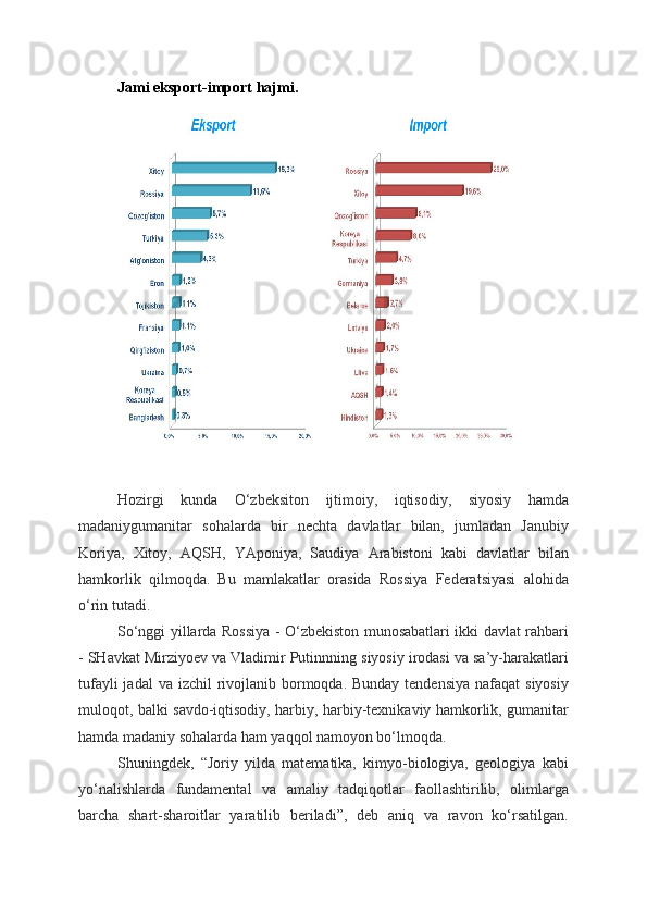 Jami eksport-import   hajmi.
Hozirgi   kunda   O‘zbeksiton   ijtimoiy,   iqtisodiy,   siyosiy   hamda
madaniygumanitar   sohalarda   bir   nechta   davlatlar   bilan,   jumladan   Janubiy
Koriya,   Xitoy,   AQSH,   YAponiya,   Saudiya   Arabistoni   kabi   davlatlar   bilan
hamkorlik   qilmoqda.   Bu   mamlakatlar   orasida   Rossiya   Federatsiyasi   alohida
o‘rin tutadi. 
So‘nggi yillarda Rossiya - O‘zbekiston munosabatlari ikki davlat rahbari
- SHavkat Mirziyoev va Vladimir Putinnning siyosiy irodasi va sa’y-harakatlari
tufayli  jadal  va  izchil  rivojlanib bormoqda. Bunday tendensiya  nafaqat  siyosiy
muloqot, balki savdo-iqtisodiy, harbiy, harbiy-texnikaviy hamkorlik, gumanitar
hamda madaniy sohalarda ham yaqqol namoyon bo‘lmoqda. 
Shuningdek,   “Joriy   yilda   matematika,   kimyo-biologiya,   geologiya   kabi
yo‘nalishlarda   fundamental   va   amaliy   tadqiqotlar   faollashtirilib,   olimlarga
barcha   shart-sharoitlar   yaratilib   beriladi”,   deb   aniq   va   ravon   ko‘rsatilgan. 