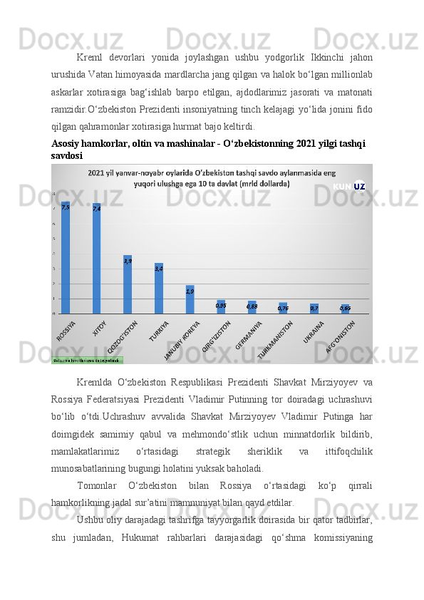 Kreml   devorlari   yonida   joylashgan   ushbu   yodgorlik   Ikkinchi   jahon
urushida Vatan himoyasida mardlarcha jang qilgan va halok bo‘lgan millionlab
askarlar   xotirasiga   bag‘ishlab   barpo   etilgan,   ajdodlarimiz   jasorati   va   matonati
ramzidir.O‘zbekiston Prezidenti insoniyatning tinch kelajagi yo‘lida jonini fido
qilgan qahramonlar xotirasiga hurmat bajo keltirdi.
Asosiy hamkorlar, oltin va mashinalar - O‘zbekistonning 2021 yilgi tashqi 
savdosi
Kremlda   O‘zbekiston   Respublikasi   Prezidenti   Shavkat   Mirziyoyev   va
Rossiya   Federatsiyasi   Prezidenti   Vladimir   Putinning   tor   doiradagi   uchrashuvi
bo‘lib   o‘tdi.Uchrashuv   avvalida   Shavkat   Mirziyoyev   Vladimir   Putinga   har
doimgidek   samimiy   qabul   va   mehmondo‘stlik   uchun   minnatdorlik   bildirib,
mamlakatlarimiz   o‘rtasidagi   strategik   sheriklik   va   ittifoqchilik
munosabatlarining bugungi holatini yuksak baholadi.
Tomonlar   O‘zbekiston   bilan   Rossiya   o‘rtasidagi   ko‘p   qirrali
hamkorlikning jadal sur’atini mamnuniyat bilan qayd etdilar.
Ushbu oliy darajadagi tashrifga tayyorgarlik doirasida bir qator tadbirlar,
shu   jumladan,   Hukumat   rahbarlari   darajasidagi   qo‘shma   komissiyaning 