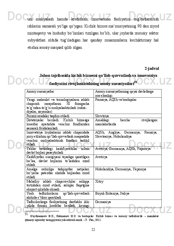 uni   moliyalash   hamda   kreditlash,   innovatsion   faoliyatini   rag’batlantirish
ishlarini samarali yo’lga qo’ygan. Kichik biznes ma’muriyatining  90  dan ziyod
mintaqaviy va  hududiy bo’limlari   tuzilgan bo’lib, ular  joylarda  xususiy  sektor
subyektlari   oldida   tug’iladigan   har   qanday   muammolarni   kechiktirmay   hal
etishni asosiy maqsad qilib olgan.
2-jadval
Jahon tajribasida kichik biznesni qo’llab-quvvatlash va innovatsiya
faoliyatini rivojlantirishning asosiy xususiyatlari 21
Asosiy xususiyatlar Asosiy xususiyatlarning qaysi davlatlarga 
xos ekanligi
Yangi   mahsulot   va   texnologiyalarni   ishlab
chiqarish   xarajatlarini   50   foizigacha
to’g’ridan-to’g’ri moliyalashtiriladi (subsi-
diyalar, zayomlar) Fransiya, AQSh va boshqalar
Foizsiz ssudalar taqdim etiladi Shvetsiya
Dotatsiyalar   beriladi.   Kichik   biznesga
kresitlar   ajratishda   venchur   fondlaridan
samarali foydalaniladi Amaldagi   barcha   rivojlangan
mamlakatlarda
Innovatsiya   loyihalarini   ishlab   chiqarishda
joriy etilishini qo’llab-quvvatlash maqsadida
venchur   moliyalashtirish   fondlari   tashkil
etiladi AQSh,   Angliya,   Germaniya,   Fransiya,
Shvetsariya, Niderlandiya
Yakka   tartibdagi   kashfiyotchilar   uchun
davlat bojlari pasaytiriladi Avstriya, Germaniya, AQSh, Yaponiya
Kashfiyotlar   energiyani   tejashga   qaratilgan
bo’lsa,   davlat   bojlarini   to’lashdan   ozod
etiladi Avstriya
Amalga   oshirilga   tadqiqotlar   natijalari
bo’yicha   patentlar   olishda   bojlardan   ozod
etiladi Niderlandiya, Germaniya, Yaponiya
Mahalliy   ishlab   chiqaruvchilar   soliqqa
tortishdan   ozod   etiladi,   soliqlar   faqatgina
eksport qilishda olinadi Xitoy
Yosh   tadbirkorlarni   qo’llab-quvvatlash
alohida e’tibor qaratiladi Buyuk Britaniya, Italiya
Tadbirkorlarga   faoliyatining   dastlabki   ikki
yilida   foizsiz   kreditlar   beriladi,   keyingi Germaniya
21
  G'oyibnazarov   B.K.,   Rahmonov   H.O.   va   boshqalar.   Kichik   biznes   va   xususiy   tadbirkorlik   –   mamlakat
ijtimoiy-iqtisodiy taraqqiyotini yuksaltirish omili. –T.: Fan, 2011.
22 