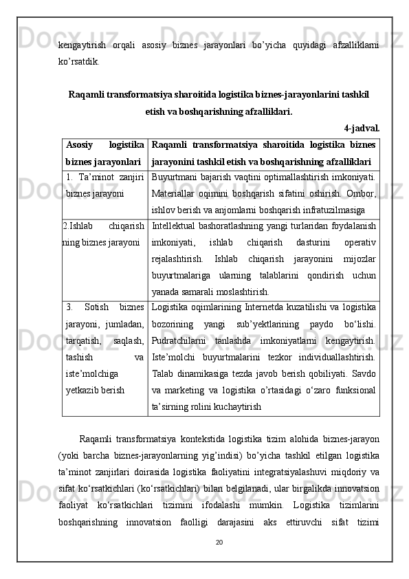 kengaytirish   orqali   asosiy   biznes   jarayonlari   bo’yicha   quyidagi   afzalliklarni
ko’rsatdik.
Raqamli transformatsiya sharoitida logistika biznes-jarayonlarini tashkil
etish va boshqarishning afzalliklari.
  4-jadval.  
Asosiy   logistika
biznes jarayonlari Raqamli   transformatsiya   sharoitida   logistika   biznes
jarayonini tashkil etish va boshqarishning afzalliklari
1.   Ta’minot   zanjiri
biznes jarayoni Buyurtmani bajarish vaqtini optimallashtirish imkoniyati.
Materiallar   oqimini   boshqarish   sifatini   oshirish.   Ombor,
ishlov berish va anjomlarni boshqarish infratuzilmasiga
2.Ishlab   chiqarish
ning biznes jarayoni Intellektual bashoratlashning yangi turlaridan foydalanish
imkoniyati,   ishlab   chiqarish   dasturini   operativ
rejalashtirish.   Ishlab   chiqarish   jarayonini   mijozlar
buyurtmalariga   ularning   talablarini   qondirish   uchun
yanada samarali moslashtirish.
3.   Sotish   biznes
jarayoni,   jumladan,
tarqatish,   saqlash,
tashish   va
iste’molchiga
yetkazib berish Logistika   oqimlarining  Internetda   kuzatilishi   va  logistika
bozorining   yangi   sub’yektlarining   paydo   bo‘lishi.
Pudratchilarni   tanlashda   imkoniyatlarni   kengaytirish.
Iste’molchi   buyurtmalarini   tezkor   individuallashtirish.
Talab   dinamikasiga   tezda   javob   berish   qobiliyati.   Savdo
va   marketing   va   logistika   o’rtasidagi   o‘zaro   funksional
ta’sirning rolini kuchaytirish
          Raqamli   transformatsiya   kontekstida   logistika   tizim   alohida   biznes-jarayon
(yoki   barcha   biznes-jarayonlarning   yig’indisi)   bo’yicha   tashkil   etilgan   logistika
ta’minot   zanjirlari   doirasida   logistika   faoliyatini   integratsiyalashuvi   miqdoriy   va
sifat ko‘rsatkichlari (ko‘rsatkichlari) bilan belgilanadi, ular birgalikda innovatsion
faoliyat   ko‘rsatkichlari   tizimini   ifodalashi   mumkin.   Logistika   tizimlarini
boshqarishning   innovatsion   faolligi   darajasini   aks   ettiruvchi   sifat   tizimi
20