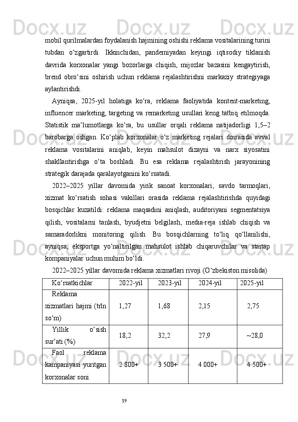 19mobil qurilmalardan foydalanish hajmining oshishi reklama vositalarining turini
tubdan   o‘zgartirdi.   Ikkinchidan,   pandemiyadan   keyingi   iqtisodiy   tiklanish
davrida   korxonalar   yangi   bozorlarga   chiqish,   mijozlar   bazasini   kengaytirish,
brend   obro‘sini   oshirish   uchun   reklama   rejalashtirishni   markaziy   strategiyaga
aylantirishdi.
Ayniqsa,   2025-yil   holatiga   ko‘ra,   reklama   faoliyatida   kontent-marketing,
influencer   marketing,   targeting   va   remarketing   usullari   keng   tatbiq   etilmoqda.
Statistik   ma’lumotlarga   ko‘ra,   bu   usullar   orqali   reklama   natijadorligi   1,5–2
barobarga   oshgan.   Ko‘plab   korxonalar   o‘z   marketing   rejalari   doirasida   avval
reklama   vositalarini   aniqlab,   keyin   mahsulot   dizayni   va   narx   siyosatini
shakllantirishga   o‘ta   boshladi.   Bu   esa   reklama   rejalashtirish   jarayonining
strategik darajada qaralayotganini ko‘rsatadi.
2022–2025   yillar   davomida   yirik   sanoat   korxonalari,   savdo   tarmoqlari,
xizmat   ko‘rsatish   sohasi   vakillari   orasida   reklama   rejalashtirishda   quyidagi
bosqichlar   kuzatildi:   reklama   maqsadini   aniqlash,   auditoriyani   segmentatsiya
qilish,   vositalarni   tanlash,   byudjetni   belgilash,   media-reja   ishlab   chiqish   va
samaradorlikni   monitoring   qilish.   Bu   bosqichlarning   to‘liq   qo‘llanilishi,
ayniqsa,   eksportga   yo‘naltirilgan   mahsulot   ishlab   chiqaruvchilar   va   startap
kompaniyalar uchun muhim bo‘ldi.
2022–2025 yillar davomida reklama xizmatlari rivoji (O‘zbekiston misolida)
Ko‘rsatkichlar 2022-yil 2023-yil 2024-yil 2025-yil
Reklama
xizmatlari  hajmi (trln
so‘m) 1,27 1,68 2,15 2,75
Yillik   o‘sish
sur’ati (%) 18,2 32,2 27,9 ~28,0
Faol   reklama
kampaniyasi   yuritgan
korxonalar soni 2 800+ 3 500+ 4 000+ 4 500+ 