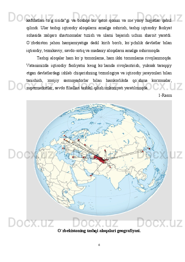kafolatlari   to`g`risida"gi   va   boshqa   bir   qator   qonun   va   me`yoriy   hujjatlar   qabul
qilindi.   Ular   tashqi   iqtisodiy   aloqalarni   amalga   oshirish,   tashqi   iqtisodiy   faoliyat
sohasida   xalqaro   shartnomalar   tuzish   va   ularni   bajarish   uchun   sharoit   yaratdi.
O`zbekiston   jahon   hamjamiyatiga   dadil   kirib   borib,   ko`pchilik   davlatlar   bilan
iqtisodiy, texnikaviy, savdo-sotiq va madaniy aloqalarni amalga oshirmoqda. 
      Tashqi   aloqalar   ham   ko`p   tomonlama,   ham   ikki   tomonlama   rivojlanmoqda.
Vatanimizda   iqtisodiy   faoliyatni   keng   ko`lamda   rivojlantirish,   yuksak   taraqqiy
etgan davlatlardagi ishlab chiqarishning texnologiya va iqtisodiy jarayonlari bilan
tanishish,   xorijiy   sarmoyadorlar   bilan   hamkorlikda   qo`shma   korxonalar,
supermarketlar, savdo filiallari tashkil qilish imkoniyati yaratilmoqda.
1-Rasm
O`zbekistoning tashqi aloqalari geografiyasi.
6 