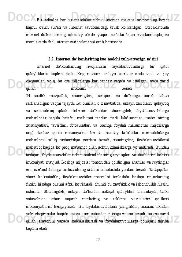 Bu   jadvalda   har   bir   mamlakat   uchun   internet   chakana   savdosining   bozor
hajmi,   o'sish   sur'ati   va   internet   savdolaridagi   ulush   ko'rsatilgan.   O'zbekistonda
internet   do'konlarining   iqtisodiy   o'sishi   yuqori   sur'atlar   bilan   rivojlanmoqda,   va
mamlakatda faol internet xaridorlar soni ortib bormoqda.
2.2. Internet do‘konlarining iste'molchi xulq-atvoriga ta’siri
Internet   do‘konlarining   rivojlanishi   foydalanuvchilarga   bir   qator
qulayliklarni   taqdim   etadi.   Eng   muhimi,   onlayn   xarid   qilishda   vaqt   va   joy
chegaralari   yo‘q,   bu   esa   mijozlarga   har   qanday   vaqtda   va   istalgan   joyda   xarid
qilish   imkonini   beradi.  
24   soatlik   mavjudlik,   shuningdek,   transport   va   do‘konga   borish   uchun
sarflanadigan vaqtni tejaydi. Bu omillar, o‘z navbatida, onlayn xaridlarni qulayroq
va   samaraliroq   qiladi.   Internet   do‘konlari   shuningdek,   foydalanuvchilarga
mahsulotlar   haqida   batafsil   ma'lumot   taqdim   etadi.   Ma'lumotlar,   mahsulotning
xususiyatlari,   tavsiflari,   fotosuratlari   va   boshqa   foydali   malumotlar   mijozlarga
ongli   tanlov   qilish   imkoniyatini   beradi.   Bunday   tafsilotlar   iste'molchilarga
mahsulotni   to‘liq   tushunishga   yordam   beradi,   shuningdek,   foydalanuvchilarni
mahsulot haqida ko‘proq ma'lumot olish uchun izlanishlarga yo‘naltiradi. Bundan
tashqari, foydalanuvchilar uchun mahsulotlarning reytinglari va sharhlarini ko‘rish
imkoniyati mavjud. Boshqa mijozlar tomonidan qoldirilgan sharhlar  va reytinglar
esa, iste'molchilarga mahsulotning sifatini baholashda yordam beradi. Tadqiqotlar
shuni   ko‘rsatadiki,   foydalanuvchilar   mahsulot   tanlashda   boshqa   mijozlarning
fikrini hisobga olishni afzal ko‘rishadi, chunki bu xavfsizlik va ishonchlilik hissini
oshiradi.   Shuningdek,   onlayn   do‘konlar   nafaqat   qulaylikni   ta'minlaydi,   balki
sotuvchilar   uchun   raqamli   marketing   va   reklama   vositalarini   qo‘llash
imkoniyatlarini   kengaytiradi.   Bu   foydalanuvchilarni   yangiliklar,   maxsus   takliflar
yoki chegirmalar haqida tez va oson xabardor qilishga imkon beradi, bu esa xarid
qilish   jarayonini   yanada   soddalashtiradi   va   foydalanuvchilarga   qoniqarli   tajriba
taqdim etadi
29 