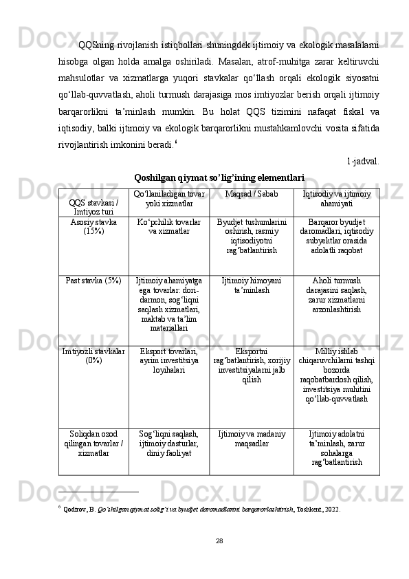 QQSning rivojlanish istiqbollari shuningdek ijtimoiy va ekologik masalalarni
hisobga   olgan   holda   amalga   oshiriladi.   Masalan,   atrof-muhitga   zarar   keltiruvchi
mahsulotlar   va   xizmatlarga   yuqori   stavkalar   qo‘llash   orqali   ekologik   siyosatni
qo‘llab-quvvatlash, aholi turmush darajasiga mos imtiyozlar berish orqali ijtimoiy
barqarorlikni   ta’minlash   mumkin.   Bu   holat   QQS   tizimini   nafaqat   fiskal   va
iqtisodiy, balki ijtimoiy va ekologik barqarorlikni mustahkamlovchi vosita sifatida
rivojlantirish imkonini beradi. 6
1-jadval.
Qoshilgan qiymat so’lig’ining elementlari
QQS stavkasi /
Imtiyoz turi Qo‘llaniladigan tovar
yoki xizmatlar Maqsad / Sabab Iqtisodiy va ijtimoiy
ahamiyati
Asosiy stavka
(15%) Ko‘pchilik tovarlar
va xizmatlar Byudjet tushumlarini
oshirish, rasmiy
iqtisodiyotni
rag‘batlantirish Barqaror byudjet
daromadlari, iqtisodiy
subyektlar orasida
adolatli raqobat
Past stavka (5%) Ijtimoiy ahamiyatga
ega tovarlar: dori-
darmon, sog‘liqni
saqlash xizmatlari,
maktab va ta’lim
materiallari Ijtimoiy himoyani
ta’minlash Aholi turmush
darajasini saqlash,
zarur xizmatlarni
arzonlashtirish
Imtiyozli stavkalar
(0%) Eksport tovarlari,
ayrim investitsiya
loyihalari Eksportni
rag‘batlantirish, xorijiy
investitsiyalarni jalb
qilish Milliy ishlab
chiqaruvchilarni tashqi
bozorda
raqobatbardosh qilish,
investitsiya muhitini
qo‘llab-quvvatlash
Soliqdan ozod
qilingan tovarlar /
xizmatlar Sog‘liqni saqlash,
ijtimoiy dasturlar,
diniy faoliyat Ijtimoiy va madaniy
maqsadlar Ijtimoiy adolatni
ta’minlash, zarur
sohalarga
rag‘batlantirish
6
  Qodirov, B.  Qo‘shilgan qiymat solig‘i va byudjet daromadlarini barqarorlashtirish , Toshkent, 2022.
28 