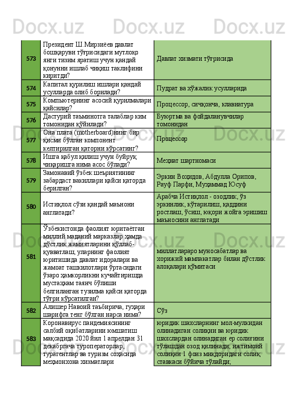 573 Президент Ш.Мирзиёев давлат 
бошқаруви тўғрисидаги мутлоқо 
янги тизим яратиш учун қандай 
қонунни   ишлаб   чиқиш   таклифини
киритди? Давлат   хизмати  тўғрисида
574 Капитал   қурилиш   ишлари   қандай 
усулларда олиб борилади? Пудрат   ва   хўжалик   усулларида
575 Компьютернинг   асосий   қурилмалари 
қайсилар? Процессор,   сичқонча,   клавиатура
576 Дастурий   таъминотга   талаблар   ким 
томонидан қўйилади? Буюртма   ва   фойдаланувчилар 
томонидан
577 Она   плата   (motherboard)нинг   бир 
қисми бўлган компонент 
келтирилган қаторни кўрсатинг? Процессор
578 Ишга   қабул   қилиш   учун   буйруқ 
чиқаришга нима асос бўлади? Меҳнат  шартномаси
579 Замонавий   ўзбек   шеъриятининг
забардаст   вакиллари   қайси   қаторда 
берилган? Эркин   Воҳидов,   Абдулла   Орипов, 
Рауф Парфи, Муҳаммад Юсуф
580 Истиқлол   сўзи   қандай   маънони 
англатади? Арабча Истиқлол - озодлик, ўз 
эркинлик,   кўтарилиш,   қаддини
ростлаш,   ўсиш,   юқори   жойга   эришиш 
маъносини англатади
581 Ўзбекистонда фаолият юритаётган 
миллий маданий марказлар ҳамда 
дўстлик жамиятларини қўллаб-
қувватлаш, уларнинг фаолият 
юритишида давлат идоралари ва 
жамоат ташкилотлари ўртасидаги 
ўзаро ҳамкорликни кучайтиришда 
мустаҳкам таянч бўлиши 
белгиланган   тузилма   қайси   қаторда
тўғри  кўрсатилган? миллатлараро муносабатлар ва 
хорижий   мамлакатлар   билан   дўстлик 
алоқалари қўмитаси
582 Алишер   Навоий   таъбирича,   гуҳари 
шарифга тенг бўлган нарса нима? Сўз
583 Коронавирус пандемиясининг 
салбий оқибатларини юмшатиш 
мақсадида   2020   йил   1   апрелдан   31 
декабргача туроператорлар,
турагентлар   ва   туризм   соҳасида 
меҳмонхона хизматлари юридик шахсларнинг мол-мулкидан 
олинадиган солиқни ва юридик 
шахслардан   олинадиган   ер   солиғини 
тўлашдан озод қилинади; ижтимоий
солиқни   1   фоиз   миқдоридаги   солиқ 
ставкаси бўйича тўлайди; 