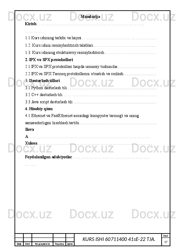Изм. Лист №  документа Подпись Дата Лист
17KURS ISHI 60711400 41sE-22 TJA.Mundarija
Kirish …………………………………………………………………...
…………
1.1 Kurs ishining tarkibi va hajmi…………………………………………..…..
1.2. Kurs ishini rasmiylashtirish talablari…………………………………........
1.3. Kurs ishining strukturaviy rasmiylashtirish……………………………..…
2.   IPX va SPX protokollari
2.1   IPX va SPX protokollari haqida umumiy tushuncha.....................................
2.2   IPX va SPX Tarmoq protokollarini o'rnatish va sozlash...............................
3.  Dasturlash tillari
3.1 Python dasturlash tili......................................................................................
3.2 C++ dasturlash tili ………………………………………………………….
3.3 Java script dasturlash tili ...............................................................................
4. Hisobiy qism
4.1 Ethernet va FastEthernet asosidagi kompyuter tarmog'i va uning 
samaradorligini hisoblash tartibi..........................................................................
Ilova 
A …………………………………………………………………………….
Xulosa ………………………………………………………………………..
……
Foydalanilgan adabiyotlar ………………………………………………..
……..