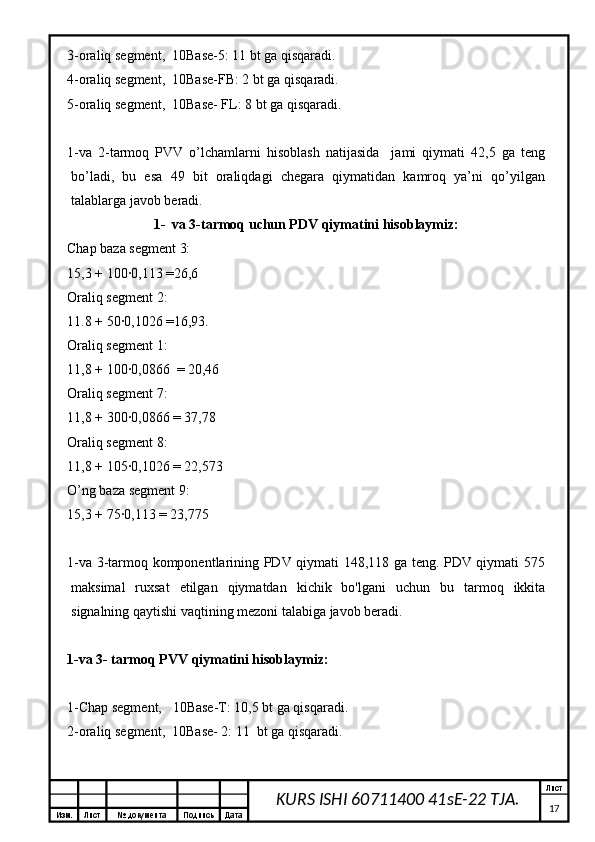 Изм. Лист №  документа Подпись Дата Лист
17KURS ISHI 60711400 41sE-22 TJA.3-oraliq segment,  10Base-5: 11 bt ga qisqaradi.
4-oraliq segment,  10Base-FB: 2 bt ga qisqaradi.
5-oraliq segment,  10Base- FL: 8 bt ga qisqaradi.
1-va   2-tarmoq   PVV   o’lchamlarni   hisoblash   natijasida     jami   qiymati   42,5   ga   teng
bo’ladi,   bu   esa   49   bit   oraliqdagi   chegara   qiymatidan   kamroq   ya’ni   qo’yilgan
talablarga javob beradi.
1- va 3-tarmoq uchun PDV qiymatini hisoblaymiz:
Chap baza segment 3:
15,3 + 100∙0,113 =26,6
Oraliq segment 2:
11.8 + 50∙0,1026 =16,93.
Oraliq segment 1:
11,8 + 100∙0,0866  = 20,46
Oraliq segment 7:
11,8 + 300∙0,0866 = 37,78
Oraliq segment 8:
11,8 + 105∙0,1026 = 22,573
O’ng baza segment 9:
15,3 + 75∙0,113 = 23,775
1-va 3-tarmoq komponentlarining PDV qiymati 148,118 ga teng. PDV qiymati 575
maksimal   ruxsat   etilgan   qiymatdan   kichik   bo'lgani   uchun   bu   tarmoq   ikkita
signalning qaytishi vaqtining mezoni talabiga javob beradi.
1-va 3- tarmoq PVV qiymatini hisoblaymiz:
1-Chap segment,   10Base-T: 10,5 bt ga qisqaradi.
2-oraliq segment,  10Base- 2: 11  bt ga qisqaradi.