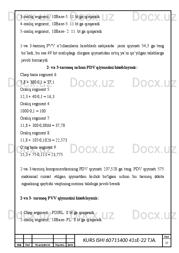 Изм. Лист №  документа Подпись Дата Лист
17KURS ISHI 60711400 41sE-22 TJA.3-oraliq segment,  10Base-5: 11 bt ga qisqaradi.
4-oraliq segment,  10Base-5: 11 bt ga qisqaradi.
5-oraliq segment,  10Base- 2: 11  bt ga qisqaradi.
1-va   3-tarmoq   PVV   o’lchamlarni   hisoblash   natijasida     jami   qiymati   54,5   ga   teng
bo’ladi, bu esa 49 bit oraliqdagi chegara qiymatidan ortiq ya’ni qo’yilgan talablarga
javob bermaydi.
2- va 3-tarmoq uchun PDV qiymatini hisoblaymiz:
Chap baza segment 6:
7,8 + 300∙0,1 = 37,1
Oraliq segment 5:
12,3 + 40∙0,1 = 16,3
Oraliq segment 4:
1000∙0,1 = 100
Oraliq segment 7:
11,8 + 300∙0,0866 = 37,78
Oraliq segment 8:
11,8 + 105∙0,1026 = 22,573
O’ng baza segment 9:
15,3 + 75∙0,113 = 23,775
2-va 3-tarmoq komponentlarining PDV qiymati 237,528 ga teng. PDV qiymati 575
maksimal   ruxsat   etilgan   qiymatdan   kichik   bo'lgani   uchun   bu   tarmoq   ikkita
signalning qaytishi vaqtining mezoni talabiga javob beradi.
2-va 3- tarmoq PVV qiymatini hisoblaymiz:
1-Chap segment,   FOIRL: 0 bt ga qisqaradi.
2-oraliq segment,  10Base- FL: 8 bt ga qisqaradi. 