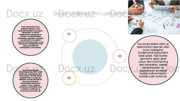 Bozor tadqiqot ini t us hunis h
Korxonani tashkil etish va 
tadbirkorlikni qamrab olish 
bozor tadqiqotini 
fundamental tushunishni 
talab qiladi. Aqlli biznes 
qarorlarini qabul qilish 
uchun iste'molchilarning 
xatti-harakatlari, sanoat 
tendentsiyalari va 
raqobatdosh landshaft 
haqida tushunchalarni 
to'plash juda muhimdir.01
02 03Bozor tadqiqotlari bozor 
talablarini aniqlash, bozor 
raqobatini baholash va barqaror 
raqobatdosh ustunlikni 
rivojlantirishda hal qiluvchi rol 
o'ynaydi. Bu tadbirkorlarga 
mijozlarning ehtiyojlari, imtiyozlari 
va xarid qilish xulq-atvorini 
tushunish imkonini beradi, bu esa 
mahsulotni muvaffaqiyatli ishlab 
chiqish va marketing 
strategiyalari uchun zarurdir.
Bozor tadqiqotlaridan 
tushunchaga ega bo'lish orqali 
tadbirkorlar mijozlarning to'g'ri 
segmentlarini samarali tarzda 
yo'naltirishlari, o'z mahsulot 
takliflarini moslashtirishlari va 
biznesni rivojlantirish 
imkoniyatlarini aniqlashlari 
mumkin. Ushbu strategik 
yondashuv korxonaning uzoq 
muddatli muvaffaqiyati va 
barqarorligi uchun zarurdir.    