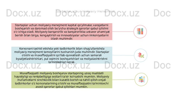 St ar t aplar uchun moliy av iy  menej ment
Korxonani tashkil etishda yoki tadbirkorlik bilan shug'ullanishda 
moliyaviy menejment tamoyillarini tushunish juda muhimdir. Startaplar 
o'sishi va muvaffaqiyatini qo'llab-quvvatlash uchun samarali 
byudjetlashtirishlari, pul oqimini boshqarishlari va moliyalashtirishni 
ta'minlashlari kerak.Startaplar uchun moliyaviy menejment kapital qo'yilmalar, xarajatlarni 
boshqarish va daromad olish bo'yicha strategik qarorlar qabul qilishni 
o'z ichiga oladi. Moliyaviy barqarorlik va barqarorlikka ustuvor ahamiyat 
berish bilan birga, kengaytirish va innovatsiyalar uchun imkoniyatlarni 
izlash muhimdir.
Muvaffaqiyatli moliyaviy boshqaruv startapning uzoq muddatli 
hayotiyligi va rentabelligiga sezilarli ta'sir ko'rsatishi mumkin. Moliyaviy 
ma'lumotlarni sinchkovlik bilan kuzatib borish va tahlil qilish orqali 
tadbirkorlar o'z korxonalarining o'sishi va muvaffaqiyatini ta'minlovchi 
asosli qarorlar qabul qilishlari mumkin.        