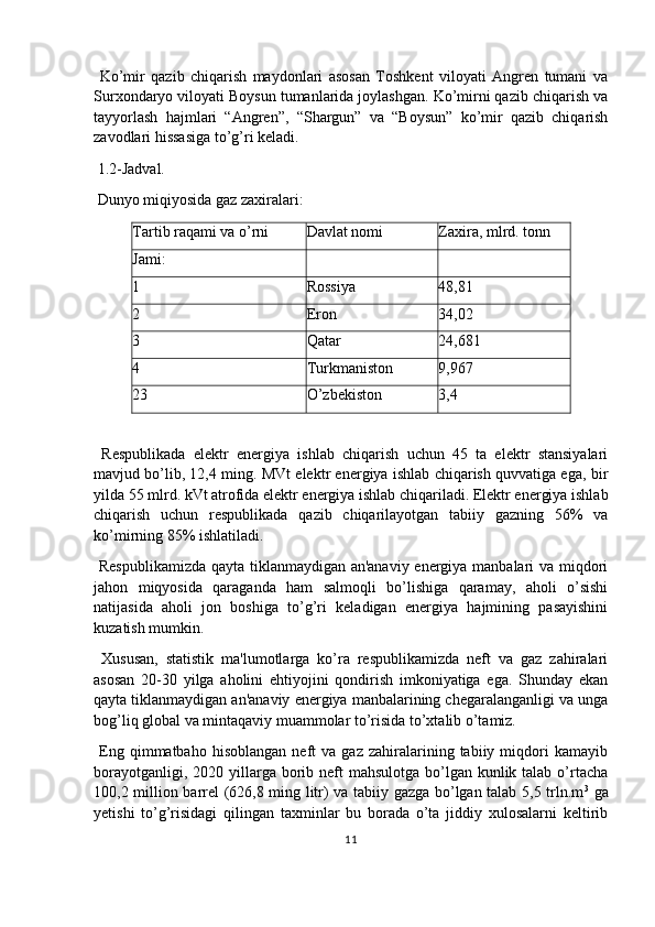   Ko’mir   qazib   chiqarish   maydonlari   asosan   Toshkent   viloyati   Angren   tumani   va
Surxondaryo viloyati Boysun tumanlarida joylashgan. Ko’mirni qazib chiqarish va
tayyorlash   hajmlari   “Angren”,   “Shargun”   va   “Boysun”   ko’mir   qazib   chiqarish
zavodlari hissasiga to’g’ri keladi.
 1.2-Jadval.
 Dunyo miqiyosida gaz zaxiralari:
Tartib raqami va o’rni Davlat nomi Zaxira, mlrd. tonn
Jami:
1 Rossiya 48,81
2 Eron 34,02
3 Qatar 24,681
4 Turkmaniston 9,967
23 O’zbekiston 3,4
  Respublikada   elektr   energiya   ishlab   chiqarish   uchun   45   ta   elektr   stansiyalari
mavjud bo’lib, 12,4 ming. MVt elektr energiya ishlab chiqarish quvvatiga ega, bir
yilda 55 mlrd. kVt atrofida elektr energiya ishlab chiqariladi. Elektr energiya ishlab
chiqarish   uchun   respublikada   qazib   chiqarilayotgan   tabiiy   gazning   56%   va
ko’mirning 85% ishlatiladi.
  Respublikamizda  qayta tiklanmaydigan an'anaviy energiya manbalari va miqdori
jahon   miqyosida   qaraganda   ham   salmoqli   bo’lishiga   qaramay,   aholi   o’sishi
natijasida   aholi   jon   boshiga   to’g’ri   keladigan   energiya   hajmining   pasayishini
kuzatish mumkin.
  Xususan,   statistik   ma'lumotlarga   ko’ra   respublikamizda   neft   va   gaz   zahiralari
asosan   20-30   yilga   aholini   ehtiyojini   qondirish   imkoniyatiga   ega.   Shunday   ekan
qayta tiklanmaydigan an'anaviy energiya manbalarining chegaralanganligi va unga
bog’liq global va mintaqaviy muammolar to’risida to’xtalib o’tamiz.
  Eng  qimmatbaho   hisoblangan   neft   va   gaz   zahiralarining   tabiiy  miqdori   kamayib
borayotganligi, 2020 yillarga borib neft  mahsulotga  bo’lgan kunlik talab o’rtacha
100,2 million barrel (626,8 ming litr) va tabiiy gazga bo’lgan talab 5,5 trln.m 3
  ga
yetishi   to’g’risidagi   qilingan   taxminlar   bu   borada   o’ta   jiddiy   xulosalarni   keltirib
11 