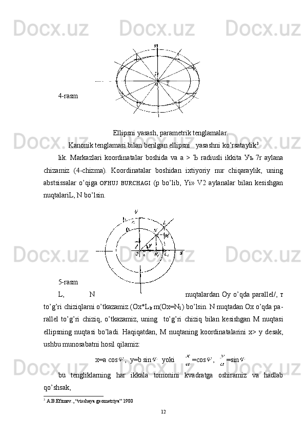 4-rasm
Ellipsni yasash, param е trik t е nglamalar.
Kanonik t е nglamasi bilan b е rilgan ellipsni   yasashni ko’rsataylik 3
lik.   Markazlari   koordinatalar   boshida   va   а   >   Ъ   radiusli   ikkita   Уъ   7r   aylana
chizamiz   (4-chizma).   Koordinatalar   boshidan   ixtiyoriy   nur   chiqaraylik,   uning
abstsissalar   o’qiga   OFHUJ   BURCHAGI   ( р   bo’lib,   Yi»   V2   aylanalar   bilan   kеsishgan
nuqtalari L, N bo’lsin .
5-rasm
L,   N nuqtalardan  Oy   o’qda   parall е l /,   т
to’g’ri chiziqlarni o’tkazamiz.(Ox*L
lt  m(Ox=N
1 ) bo’lsin. N nuqtadan Ox o’qda pa -
rallеl   to’g’ri   chiziq,   o’tkazamiz,   uning     to’g’ri   chiziq   bilan   kеsishgan   M   nuqtasi
ellipsning   nuqtasi   bo’ladi.   Haqiqatdan,   М   nuqtaning   koordinatalarini   х >   у   dеsak,
ushbu munosabatni hosil qilamiz:
x=a cos ,  y=b sin   yoki      =cos ,   =sin
bu   tеngliklarning   har   ikkala   tomonini   kvadratga   oshiramiz   va   hadlab
qo’shsak, 
3
 A.B.Efimov., “visshaya g е om е triya” 1980
12 