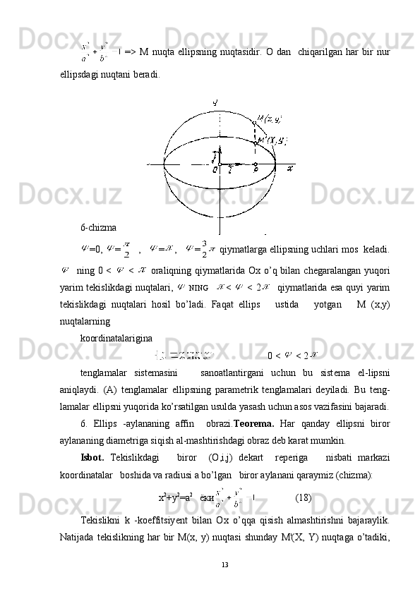=>   М   nuqta   ellipsning   nuqtasidir .   О   dan     chiqarilgan   har   bir   nur
ellipsdagi nuqtani beradi.
6-chizma
=0,  =   ,    = ,    =  qiymatlarga ellipsning uchlari mos  keladi.
   ning 0 <     <     oraliqning qiymatlarida   Ох   o’q bilan ch е garalangan yuqori
yarim t е kislikdagi nuqtalari,     NING     <     < 2    qiymatlarida esa quyi yarim
t е kislikdagi   nuqtalari   hosil   bo’ladi.   Faqat   ellips       ustida       yotgan       М   ( х , у )
nuqtalarning
koordinatalarigina
                      0 <   < 2
t е nglamalar   sist е masini       sanoatlantirgani   uchun   bu   sist е ma   el-lipsni
aniqlaydi.   (A)   t е nglama lar   ellipsning   param е trik   t е nglamalari   d е yiladi.   Bu   t е ng -
lamalar ellipsni yuqorida ko’rsatilgan usulda yasash uchun asos vazifasini bajaradi.
6.   Ellips   -aylananing   affin     obrazi. Tеorеma.   Har   qanday   ellipsni   biror
aylananing diamеtriga siqish al-mashtirishdagi obraz dеb ka rat mumkin.
Isbot.   T е kislikdagi       biror     ( О ,i ,j)   d е kart     r е p е riga       nisbati   markazi
koordinatalar   bo shida va radiusi a bo’lgan   biror aylanani qaraymiz (chizma):
х 2
+ у 2
= а 2
    ёки                  (18)
T е kislikni   k   -koeffitsiy е nt   bilan   Ox   o’qqa   qisish   almashtirish ni   bajaraylik.
Natijada  t е kislikning  har   bir   М ( х ,   у )  nuqtasi   shunday   M'(X,  Y)   nuqtaga  o’tadiki,
13