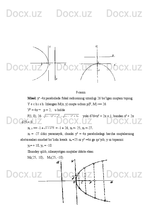 9-rasm
Misol.   у r
 - 4 х  parabolada fokal radiusining uzunligi 26 bo’lgan nuqtani toping.
Y   e   c   h   i   s   h .  Izlangan   М ( х ,  у )  nuqta   uchun   p ( F,  М )  == 26. 
У 2
 =  4х   р  = 2,     u   hold а
F ( l , 0); 26       y oki  676=х 2
 + 2 x   + 1,  bundan   х 2
  + 2х
-675 = 0.
x
1,  
2  == -1 ±  = -1 ± 26,  х
r  =-  25,  х
2   =- 27 .
х
2   =   -27   ildiz   yaramaydi,   chunki   у 2
  =   4х   p araboladagi   barcha   nu q talarning
abstsissalari musbat b o ’lishi kеrak.  х
х  = 25  ni   у 2
 =4х  g а  qo ’yib,  y  ni topamiz:
y
1 = + 10,  у
2  = -10.
Shunday qilib, izlanayotgan nuqtalar ikkita ekan:
М
1 (25,  10),     М
2 (25, -10).
28 