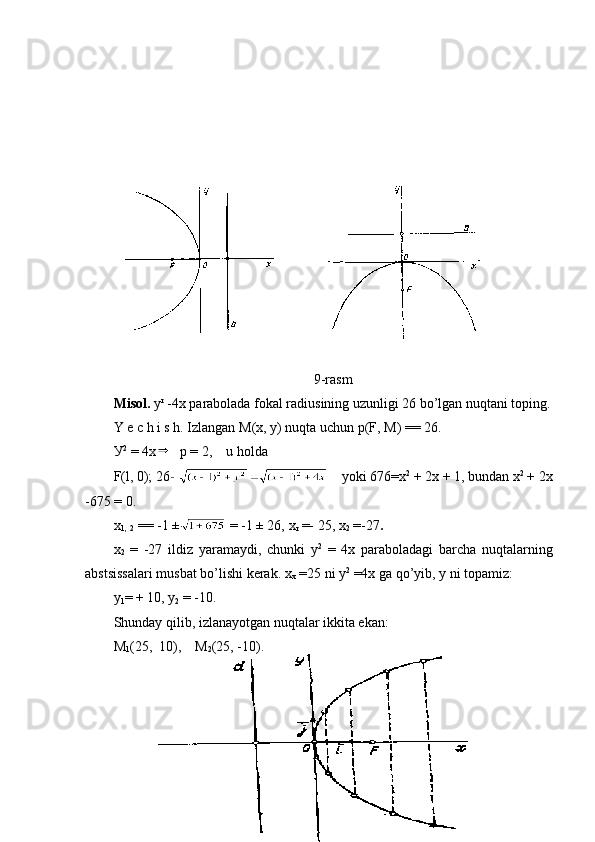 9-rasm
Misol.   у r
 - 4 х  parabolada fokal radiusining uzunligi 26 bo’lgan nuqtani toping.
Y   e   c   h   i   s   h .  Izlangan   М ( х ,  у )  nuqta   uchun   p ( F,  М )  == 26. 
У 2
 =  4х   р  = 2,     u   hold а
F ( l , 0); 26       y oki  676=х 2
 + 2 x   + 1,  bundan   х 2
  + 2х
-675 = 0.
x
1,  
2  == -1 ±  = -1 ± 26,  х
r  =-  25,  х
2   =- 27 .
х
2   =   -27   ildiz   yaramaydi,   chunki   у 2
  =   4х   p araboladagi   barcha   nu q talarning
abstsissalari musbat b o ’lishi kеrak.  х
х  = 25  ni   у 2
 =4х  g а  qo ’yib,  y  ni topamiz:
y
1 = + 10,  у
2  = -10.
Shunday qilib, izlanayotgan nuqtalar ikkita ekan:
М
1 (25,  10),     М
2 (25, -10).
28