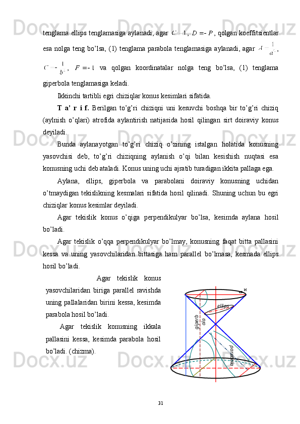 tenglama ellips tenglamasiga aylanadi, agar   ,   , qolgan koeffitsientlar
esa   nolga  teng  bo’lsa,   (1)  tenglama  parabola  tenglamasiga  aylanadi,   agar   ,
,     va   qolgan   koordinatalar   nolga   teng   bo’lsa,   (1)   tenglama
giperbola tenglamasiga keladi.
Ikkinchi tartibli egri chiziqlar konus   kesimlari sifatida.
T   a’   r   i   f.   Berilgan   to’g’ri   chiziqni   uni   kesuvchi   boshqa   bir   to’g’ri   chiziq
(aylnish   o’qlari)   atrofida   aylantirish   natijasida   hosil   qilingan   sirt   doiraviy   konus
deyiladi.
Bunda   aylanayotgan   to’g’ri   chiziq   o’zining   istalgan   holatida   konusning
yasovchisi   deb,   to’g’ri   chiziqning   aylanish   o’qi   bilan   kesishish   nuqtasi   esa
konusning uchi deb ataladi. Konus uning uchi ajratib turadigan ikkita pallaga ega.
Aylana,   ellips,   giperbola   va   parabolani   doiraviy   konusning   uchidan
o’tmaydigan  tekislikning   kesmalari  sifatida  hosil   qilinadi.  Shuning  uchun  bu  egri
chiziqlar konus kesimlar deyiladi.
Agar   tekislik   konus   o’qiga   perpendikulyar   bo’lsa,   kesimda   aylana   hosil
bo’ladi.
Agar   tekislik   o’qqa   perpendikulyar   bo’lmay,   konusning   faqat   bitta   pallasini
kessa   va   uning   yasovchilaridan   bittasiga   ham   parallel   bo’lmasa,   kesmada   ellips
hosil bo’ladi.
            Agar   tekislik   konus
yasovchilaridan   biriga   parallel   ravishda
uning pallalaridan  birini  kessa,  kesimda
parabola hosil bo’ladi.
Agar   tekislik   konusning   ikkala
pallasini   kessa,   kesimda   parabola   hosil
bo’ladi. (chizma).
310x ellips	
giperb	
ola	
parabola 