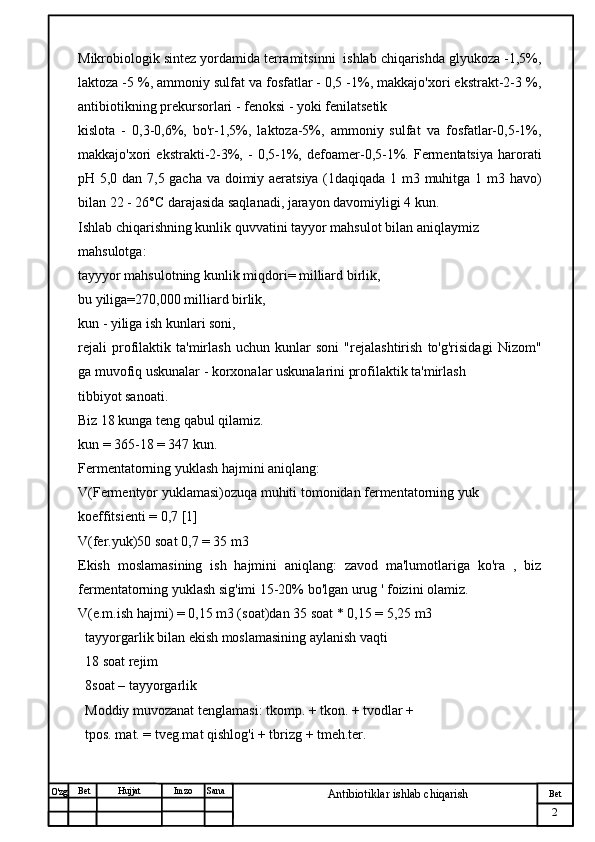 № Хужжат
Изм
2Bet
Antibiotiklar ishlab chiqarishSanaImzoBet
Hujjat
O'zg Mikrobiologik sintez yordamida terramitsinni  ishlab chiqarishda glyukoza -1,5%,
laktoza -5 %, ammoniy sulfat va fosfatlar - 0,5 -1%, makkajo'xori ekstrakt-2-3 %,
antibiotikning prekursorlari - fenoksi - yoki fenilatsetik
kislota   -   0,3-0,6%,   bo'r-1,5%,   laktoza-5%,   ammoniy   sulfat   va   fosfatlar-0,5-1%,
makkajo'xori   ekstrakti-2-3%,   -   0,5-1%,  defoamer-0,5-1%.  Fermentatsiya   harorati
pH 5,0 dan 7,5 gacha va doimiy aeratsiya (1daqiqada 1 m3 muhitga 1 m3 havo)
bilan 22 - 26°C darajasida saqlanadi, jarayon davomiyligi 4 kun.
Ishlab chiqarishning kunlik quvvatini tayyor mahsulot bilan aniqlaymiz
mahsulotga:
tayyyor mahsulotning kunlik miqdori= milliard birlik,
bu yiliga=270,000 milliard birlik,
kun - yiliga ish kunlari soni,
rejali   profilaktik   ta'mirlash   uchun   kunlar   soni   "rejalashtirish   to'g'risidagi   Nizom"
ga muvofiq uskunalar - korxonalar uskunalarini profilaktik ta'mirlash
tibbiyot sanoati.
Biz 18 kunga teng qabul qilamiz.
kun = 365-18 = 347 kun.
Fermentatorning yuklash hajmini aniqlang:
V(Fermentyor yuklamasi)ozuqa muhiti tomonidan fermentatorning yuk
koeffitsienti = 0,7 [1]
V(fer.yuk)50 soat 0,7 = 35 m3
Ekish   moslamasining   ish   hajmini   aniqlang:   zavod   ma'lumotlariga   ko'ra   ,   biz
fermentatorning yuklash sig'imi 15-20% bo'lgan urug ' foizini olamiz. 
V(e.m.ish hajmi) = 0,15 m3 (soat)dan 35 soat * 0,15 = 5,25 m3
tayyorgarlik bilan ekish moslamasining aylanish vaqti
18 soat rejim
8soat – tayyorgarlik
Moddiy muvozanat tenglamasi: tkomp. + tkon. + tvodlar +
tpos. mat. = tveg.mat qishlog'i + tbrizg + tmeh.ter. 