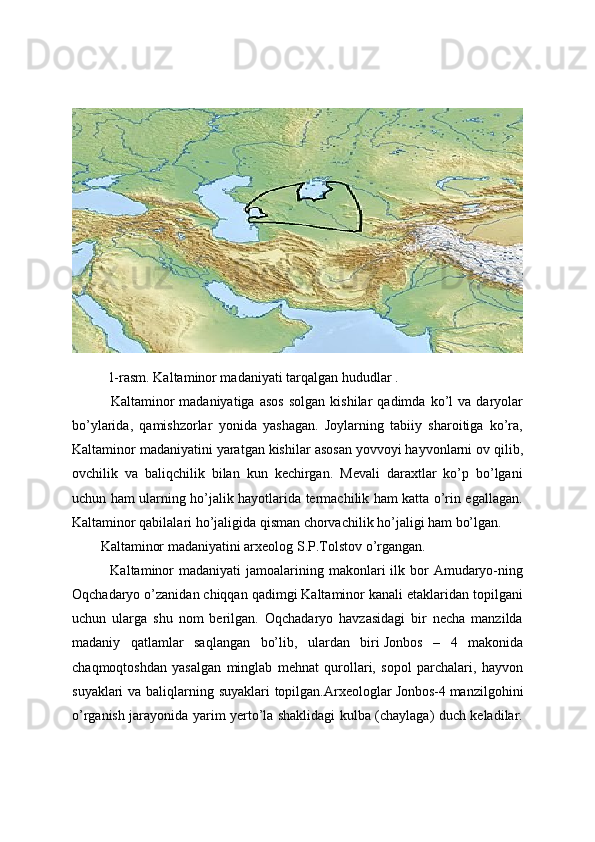   1-rasm. Kaltaminor madaniyati tarqalgan hududlar .
    Kaltaminor   madaniyatiga   asos   solgan   kishilar   qadimda   ko’l   va  daryolar
bo’ylarida,   qamishzorlar   yonida   yashagan.   Joylarning   tabiiy   sharoitiga   ko’ra,
Kaltaminor madaniyatini yaratgan kishilar asosan   yovvoyi hayvonlarni ov qilib,
ovchilik   va   baliqchilik   bilan   kun   kechirgan.   Mevali   daraxtlar   ko’p   bo’lgani
uchun ham ularning ho’jalik hayotlarida termachilik ham katta o’rin egallagan.
Kaltaminor qabilalari ho’jaligida qisman chorvachilik ho’jaligi ham bo’lgan.  
Kaltaminor madaniyatini arxeolog   S.P.Tolstov   o’rgangan. 
    Kaltaminor   madaniyati   jamoalarining  makonlari   ilk bor  Amudaryo-ning
Oqchadaryo o’zanidan chiqqan qadimgi Kaltaminor kanali etaklaridan topilgani
uchun   ularga   shu   nom   berilgan.   Oqchadaryo   havzasidagi   bir   necha   manzilda
madaniy   qatlamlar   saqlangan   bo’lib,   ulardan   biri   Jonbos   –   4   makonida
chaqmoqtoshdan   yasalgan   minglab   mehnat   qurollari,   sopol   parchalari,   hayvon
suyaklari  va baliqlarning suyaklari  topilgan.Arxeologlar   Jonbos-4   manzilgohini
o’rganish jarayonida yarim yerto’la shaklidagi kulba (chaylaga) duch keladilar. 