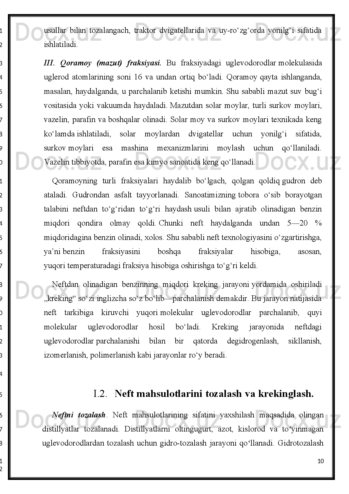Qarshi DU  Magistratura bo’limi “Neft va gaz kimyosi va texnologiyasi”  yo’nalishi 
1 -kurs talabasi  Bozorova Lobarning  “ Neft tarkibidagi aromatik uglevodorodlar
miqdorini aniqlash ” mavzusidagi kurs ishiga
TAQRIZ
Kurs ishi mundarija, kirish, umumiy qism, asosiy qism, xulosa qismlaridan va adabiyotlar
ro’yxatidan iborat. 
Ushbu kurs ishi kompyuterda 1,5 intervalda 14 o’lchamli Times New Roman UZ shriftda
tayyorlangan  Neft  tarkibidagi aromatik uglevodorodlar miqdorini aniqlash   yoritib berishni
to`liq   maqsad   qilib   olingan.   Kurs   ishi       betdan   iborat,     unda   mavzuga   oid   suratlar,
jadvallar va sxemalar bor.
Kurs   ishida   ilmiy   manbalar,   fan   –   texnika   innovatsiya   yutuqlari   natijalaridan
foydalanganligi: ishda mavzuga doir nashr qilingan adabiyotlardan, turli ma’lumotlarning
materiallaridan,   foydalanilgan,   mavzu   mohiyatini   ochib   berishga   imkon   qadar   tahlil
qilingan. 
Kurs   ishi   xuddi   bitiruvchilarning   bitiruv   malakaviy   ishini   yozish   tartibida   tayyorlangan,
kurs   ishi   matnida   arzimas   xatolar   mavjud.   Arzimas   xatolarni   to’g’rilash   bo’yicha
maslahatlar berildi. 
Kurs   ishini   himoya   qilish   komissiyasi   majlisida   himoya   qilishga   tavsiya   etish   bo’yicha
xulosa: kurs ishi muallifi mavzuga doir adabiyotlar bilan tanishganligini, tajriba ishlarini
mustaqil   holda   ish   bajara   olishini,   ishni   bajarish   jarayonida   ularni   samarali   qo’llay
bilganligini   nazarda   tutgan   holda   mazkur   ishni   kurs   ishi   himoyasi   uchun   tuzilgan
komissiya majlisida himoya qilishga tavsiya qilamiz. 
Taqrizchi:   ______________________
 Kimyo kafedrasi  dotsenti.
2
1
2
3
4
5
6
7
8
9
10
11
12
13
14
15
16
17
18
19
20
21
22
23
24
25
26
1
2