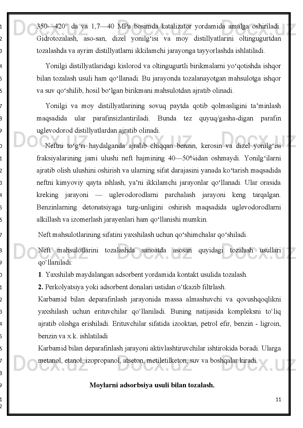 M u n d a r i j a.
Kirish 4
I. Umumiy qism
1.1 Neft va neftni qayta ishlash mahsulotlari. 6
1.2 Neft mahsulotlarini tozalash  va  krekinglash. 11
II. Asosiy   qism
2.1
Aromatik uglevodorodlar 17
2.2
Neft xomashyosidan aromatik uglevodorodlarni olish
usullari . 18
2.3 Yengil neft distillatlaridan aromatik uglevodorodlarni
ajratib olish 18
2.4
 Yuqori aromatlashtirilgan distillatlar va alkilaromatik 
uglevodorodlarni dealkillash 20
2.5 Aromatik uglevodorodlarni ajratish va ajratib olish 23
Xulosa 31
Foydalanilgan adabiyotlar 33
Kirish.
3
1
2
3
4
5
6
7
8
1
2