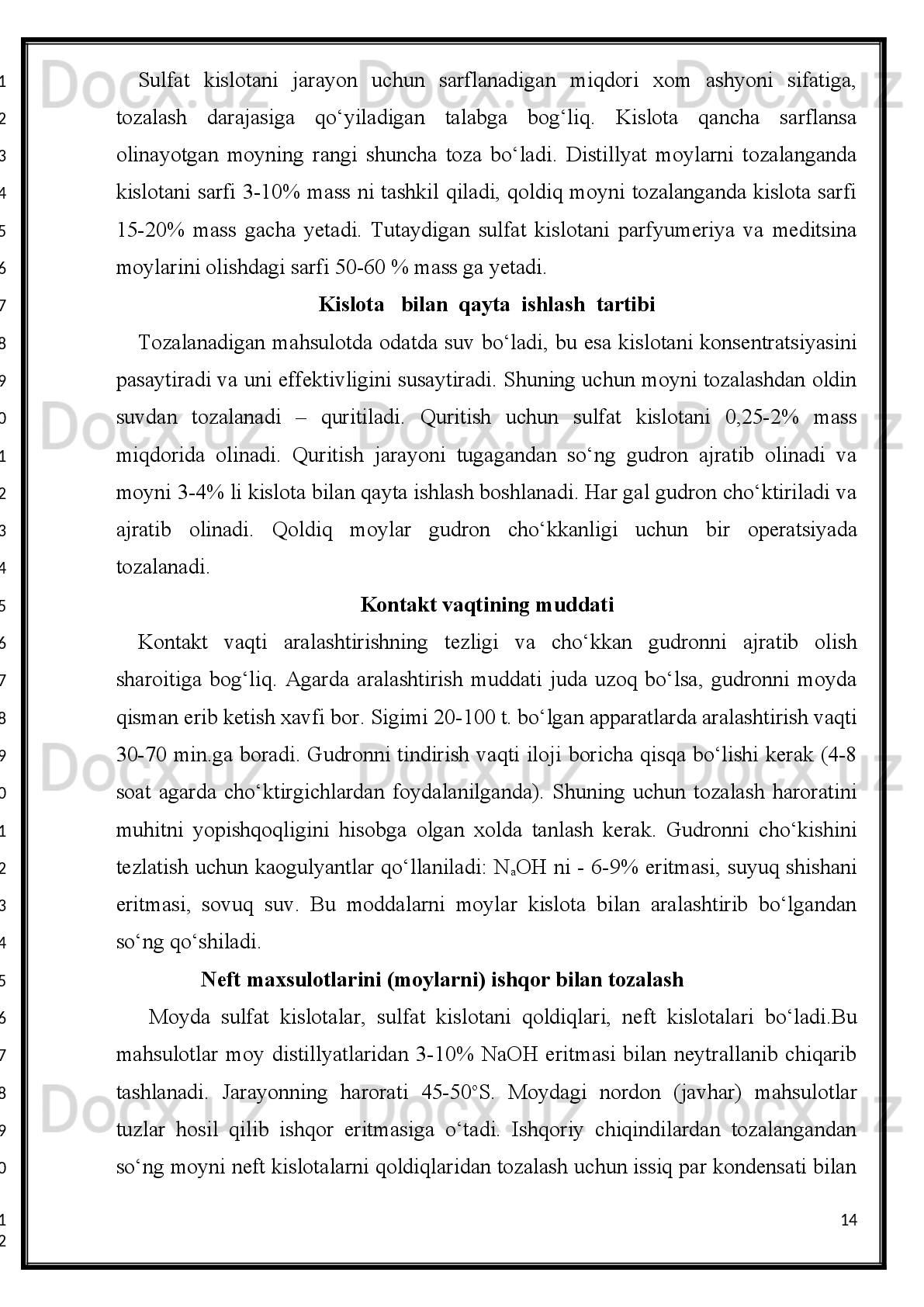 I. Umumiy qism.
I.1. Neft va neftni qayta ishlash mahsulotlari.
Neft   —qora-qo‘ng‘ir   moysimon   suyuqlik   bo‘lib,   turli   xil   uglevodorodlarning
aralashmalaridan   iborat.   Neftning   tarkibida,   uglevodorodlardan   tashqari,   ba’zan
kislorodli, oltingugurtli va azotli   birikmalar ham bo‘ladi.
Т urli   joydan   chiqqan   neftning   tarkibi   turlicha   bo‘lib,   uning   solishtirma   og‘irligi
0,73   bilan   0,97   g/sm 3
  orasidadir.   Neftning   tarkibiga   qattiq,   suyuq   va   gaz   holidagi
uglevodorodlar   kiradi.   Gaz   holidagi   uglevodorodlar   yer   tagidan   tabiiy   gaz   yoki
yo‘ldosh gaz (neft qazib   olishda chiqadigan gaz) holida chiqadi.   Т arkibida, asosan,
suyuq   uglevodorodlar   bo‘ladigan   neft—parafin   asosli,   qattiq   ugle-vodorodlar
bo‘ladigan neft esa asfalt asosli neft deb ataladi.   Neftning   paydo bo‘lishi haqida    bir
qancha     gipotezalar   mavjud   bo‘lib,   hozirga   qadar   ulardan   birortasi   ham   to‘la
tasdiqlanmagan.
Ba’zi   olimlar   neft   metall   karbidga   (metallarning   uglerodli   birikmalariga)   suv
ta’sir   etishidan   paydo   bo‘lgan,   boshqa   olimlar   esa   neft   yer   ostida   qolib   ketgan
o‘simlik va hayvonlarning chirishidan   hosil bo‘lgan deb taxmin qiladilar.
Neftning  xalq  xo‘jaligi  uchun  juda  katta ahamiyati  bor, chunki   uni  qayta  ishlab,
sanoatda foydalaniladigan mahsulotlar ajratib olinadi.
Neft   konlari   yer   bag‘rining   turli   chuqurliklarida,   ayrim   jinslar   orasidagi
bo‘shliqlarni   to‘ldirgan   holda   bo‘ladi.   Agar   u   gazlar   bosimi   ostida   bo‘lsa,   neft
quduqlari orqali yer yuziga ko‘tariladi.
Neft suvdan biroz yengil bo‘lib, amalda suvda erimaydi. Neft   turli uglevodorodlar
aralashmasi bo‘lgani uchun uning aniq qaynash   temperaturasi bo‘lmaydi.
Neft   qaysi   konlardan   olinganiga   ko‘ra,   uning   sifati   va   miqdori   turlicha   bo‘ladi.
Masalan,   Boku   nefti   sikloparafinlarga   boy   va   to‘yingan   uglevodorodlari   nisbatan
kam. Grozniy va Farg‘ona neftlarida to‘yingan   uglevodorodlar bor.
6
1
2
3
4
5
6
7
8
9
10
11
12
13
14
15
16
17
18
19
20
21
22
23
24
25
26
1
2