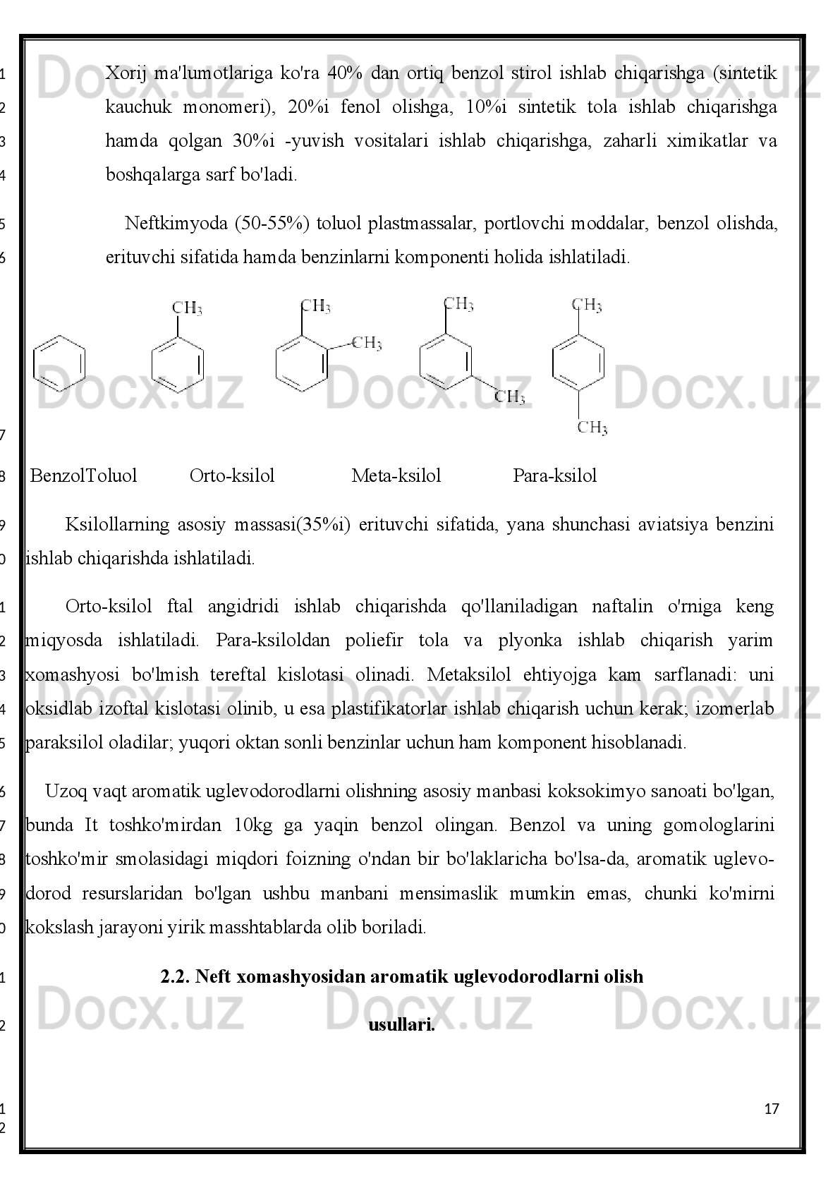 Neftni to g ri haydashda rektifikatsiya ustunlaridagi bosim atmosfera bosimiga tengʻ ʻ
bo ladi.   Rektifikatsiya   ustunining   tagida   yig ilgan   mazut   kreking   quril-malarida	
ʻ ʻ
qayta   haydalishi   yoki   yoqilg i   mazuti   sifatida   ishlatilishi   mumkin.   Mazutlarning	
ʻ
ikkilamchi qayta ishla-nishi vakuum qurilmalarida bajariladi. Vakuum ustunlarining
yuqori   qismidan   solyar   frakiyalari   kondensatlari,   quyiroqda   moy   fraksiyalari,
ustunning pastki qismida esa gudron yoki yarim gudron yig iladi.	
ʻ
Neft haydalganda, asosan, uch xil fraksiyaga ajratiladi:
I.  150 °C gacha— gazolin, ya’ni benzinlar .
II.  150 °C dan 300 °C gacha— kerosin .
III.  300 °C dan yuqori—neft qoldig‘i, ya’ni   qoramoy ( mazut ) .
Ajratib   olingan   uchala   fraksiyaning   har   biri   qaytadan   haydaladi   va   quyidagi
mahsulotlar olinadi.
I.   Gazolin,   ya’ni   benzinlar   fraksiyasi.   Bu   fraksiya   molekulasida
uglerod   atomlarining   soni   5   dan   9   tagacha   bo‘ladigan   yengil
uglevodorodlardan   iborat bo‘lib, ulardan quyidagi mahsulotlar olinadi:
1.   Yengil   benzin   —gazolin   yoki   petroley   efiri.   Qaynash   temperaturasi   40—70   °C,
solishtirma   og‘irligi   0,64—0,66   g/sm3.   Petroley   efiri,   asosan,   erituvchi   sifatida
ishlatiladi.
2. O‘rtacha benzin (haqiqiy benzin).   Qaynash temperaturasi  70—   120 °C, zichligi
0,70   g/sm3.   Benzin   fraksiyasi   texnikaning   qaysi   sohasida   ishlatilishiga   ko‘ra
aviatsion,   avtomobil   benzini   va   hokazolarga   bo‘linadi.   Т exnikada   o‘rta   benzin
fraksiyasi, asosan, ichki yonuv   dvigatellarida yonilg‘i sifatida ishlatiladi.
3. Og‘ir benzin   yoki boshqacha aytganda, ligroin. Qaynash temperaturasi 120—140
°C,   solishtirma   og‘irligi   0,73—0,77   g/sm 3
.   Bu   fraksiya   dizel   dvigatellari   uchun
yonilg‘i sifatida ishlatiladi.
II.   Kerosin   fraksiyasi.   Bu   fraksiyani   tashkil   qilgan   uglevodorodlar   molekulasida
uglerod   atomlarining   soni   9   dan   16   tagacha   bo‘ladi.   Kerosin   fraksiyasi   maxsus
9
1
2
3
4
5
6
7
8
9
10
11
12
13
14
15
16
17
18
19
20
21
22
23
24
25
26
27
1
2