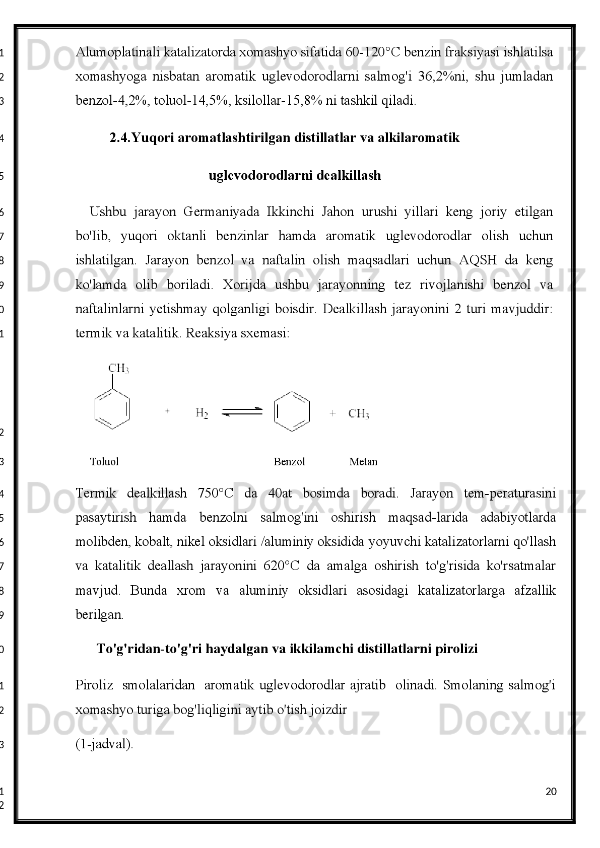 Neft maxsulotlarini kislota va ishqor  bilan tozalash.
Sulfat kislotasi bilan tozalash
Moylarni   sulfat   kislota   yordamida   tozalanganda   moy   fraksiyasidan   smolasimon
asfalten   moddalar,   tо‘yinmagan   uglevodorodlar,   naften   kislotalari   qisman   azotli   va
oltingugurtli birikmalar, politsiklik aromatik uglevodorodlar ajratib olinadi. 
Sulfat kislotasi  bilan qayta ishlangan moy fraksiyasi  ikki qavatga ajraladi. Pastki
qavatda - nordon gudron - о‘z tarkibida reaksiya mahsulotlari, kislotani ortiqchasini,
birikmalarni   (kislotada   erigan)   va   mexanik   ravishda   pastki   qavatga   tushib   qolgan
moylarni   ushlab   turadi.   Yuqori   qavatda   -   nordon   moy   -   uni   tarkibida   moy
uglevodorodlarlari   va   juda   oz   miqdorda   moyda   erigan   kislota   qoldigi   va   reaksiya
mahsulotlari bо‘ladi. 
Sulfat   kislota   bilan   tozalash   jarayonining   parametrlari   xom   ashyoni   kimyoviy
tarkibiga,yopishqoqligiga, tozalangan mahsulotni talab darajasiga bog‘liq bо‘lib har
bir vaziyatda tajriba yо‘li bilan aniqlanadi.
Moyni   tozalash   natijalari   jarayonni   haroratiga,   kontakt   vaqtining   davomiyligiga,
sulfat kislotani konsentratsiyasiga va miqdoriga, kislotani quyish tartibiga bog‘liqdir.
Lekin,   yopishqoq   moylarni   past   haroratda   tozalash   qiyin,   chunki   moy   kislota   bilan
yomon aralashadi va gudronni chо‘kishi qiyinlashadi. 
Tajribada tozalash quyidagi haroratda  olib boriladi:
Moyni yopishqoqligi
50 o
S, MM 2
/S 18- 2 5 10-17 6-9 3-5 2-2,5
Tozalash harorati  o
S 55-60 10-17 40 30-35 20-25
Kislotaning  konsentratsiyasi  va  sarflash  miqdori
Tozalash   uchun   92-96%   li   sulfat   kislotasi   olinadi.   Konsentratsiya   90%   dan   kam
bо‘lsa kislotani aktivligi pasayib ketadi. Tutab turgan sulfat kislota sulfokislotalarni
hosil   bо‘lishini   tezlashtirib   yuboradi.   Uni   rangsiz,   meditsinada   qо‘llaniladigan
moylar   olish   uchun   ishlatiladi.   Tozalash   natijasida   kislotani   konsentratsiyasi
pasayadi.   Gudron   tarkibida   25%   dan   70%   gacha   reaksiyaga   kirishmagan   sulfat
kislota bо‘ladi.
13
1
2
3
4
5
6
7
8
9
10
11
12
13
14
15
16
17
18
19
20
21
22
23
24
25
26
27
1
2
