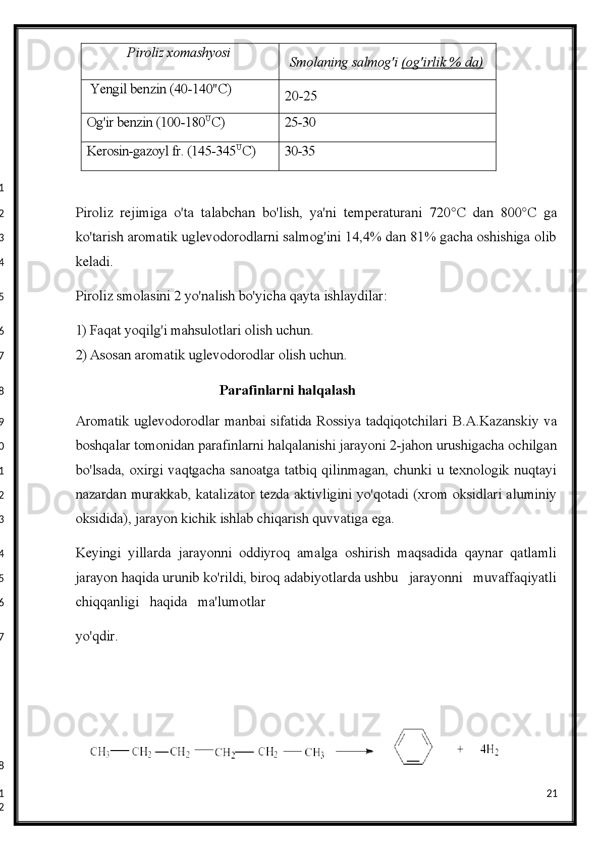 Sulfat   kislotani   jarayon   uchun   sarflanadigan   miqdori   xom   ashyoni   sifatiga,
tozalash   darajasiga   qо‘yiladigan   talabga   bog‘liq.   Kislota   qancha   sarflansa
olinayotgan   moyning   rangi   shuncha   toza   bо‘ladi.   Distillyat   moylarni   tozalanganda
kislotani sarfi 3-10% mass ni tashkil qiladi, qoldiq moyni tozalanganda kislota sarfi
15-20%   mass   gacha   yetadi.   Tutaydigan   sulfat   kislotani   parfyumeriya   va   meditsina
moylarini olishdagi sarfi 50-60 % mass ga yetadi. 
Kislota   bilan  qayta  ishlash  tartibi
Tozalanadigan mahsulotda odatda suv bо‘ladi, bu esa kislotani konsentratsiyasini
pasaytiradi va uni effektivligini susaytiradi. Shuning uchun moyni tozalashdan oldin
suvdan   tozalanadi   –   quritiladi.   Quritish   uchun   sulfat   kislotani   0,25-2%   mass
miqdorida   olinadi.   Quritish   jarayoni   tugagandan   sо‘ng   gudron   ajratib   olinadi   va
moyni 3-4% li kislota bilan qayta ishlash boshlanadi. Har gal gudron chо‘ktiriladi va
ajratib   olinadi.   Qoldiq   moylar   gudron   chо‘kkanligi   uchun   bir   operatsiyada
tozalanadi.
Kontakt vaqtining muddati
Kontakt   vaqti   aralashtirishning   tezligi   va   chо‘kkan   gudronni   ajratib   olish
sharoitiga  bog‘liq.  Agarda   aralashtirish   muddati   juda   uzoq  bо‘lsa,   gudronni   moyda
qisman erib ketish xavfi bor. Sigimi 20-100 t. bо‘lgan apparatlarda aralashtirish vaqti
30-70 min.ga boradi. Gudronni tindirish vaqti iloji boricha qisqa bо‘lishi kerak (4-8
soat  agarda  chо‘ktirgichlardan   foydalanilganda).  Shuning  uchun  tozalash   haroratini
muhitni   yopishqoqligini   hisobga   olgan   xolda   tanlash   kerak.   Gudronni   chо‘kishini
tezlatish uchun kaogulyantlar qо‘llaniladi: N
a OH ni - 6-9% eritmasi, suyuq shishani
eritmasi,   sovuq   suv.   Bu   moddalarni   moylar   kislota   bilan   aralashtirib   bо‘lgandan
sо‘ng qо‘shiladi.
Neft maxsulotlarini (moylarni) ishqor bilan tozalash
  Moyda   sulfat   kislotalar,   sulfat   kislotani   qoldiqlari,   neft   kislotalari   bо‘ladi.Bu
mahsulotlar  moy distillyatlaridan 3-10%  NaOH eritmasi  bilan neytrallanib chiqarib
tashlanadi.   Jarayonning   harorati   45-50 o
S.   Moydagi   nordon   (javhar)   mahsulotlar
tuzlar   hosil   qilib   ishqor   eritmasiga   о‘tadi.   Ishqoriy   chiqindilardan   tozalangandan
sо‘ng moyni neft kislotalarni qoldiqlaridan tozalash uchun issiq par kondensati bilan
14
1
2
3
4
5
6
7
8
9
10
11
12
13
14
15
16
17
18
19
20
21
22
23
24
25
26
27
28
29
30
1
2