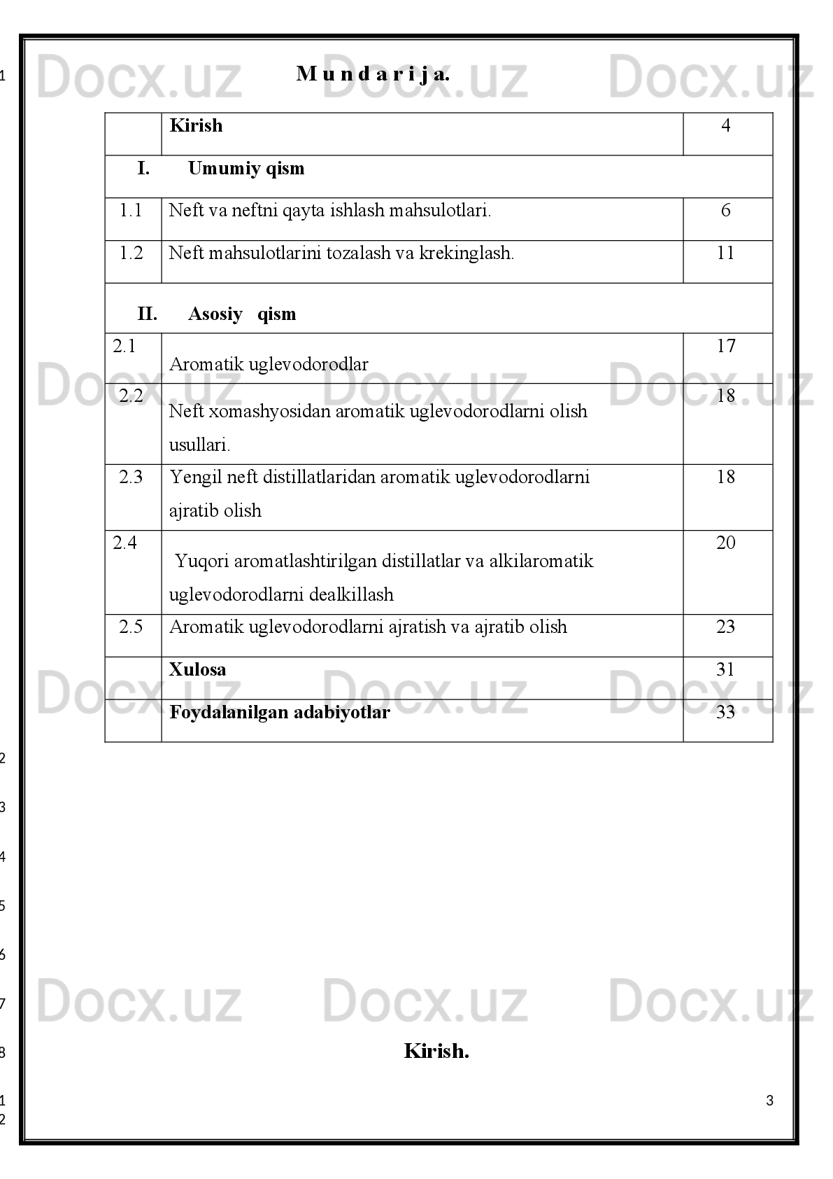 II.5. Aromatik uglevodorodlarni ajratish va ajratib olish
Aromatik uglevodorodlarni ajratib olishning   bir qancha usullari ma'lum:
1)   rektifikatsiya;   2)   azeotrop   haydash;   3)   ekstraktiv   haydash;   4)   selektiv
ekstraksiya; 5) adsorbsiya.
Aromatik   uglevodorodlarni   ajratib   olishning   tejamliligini   aniqlab   beruvchi
asosiy faktorlari bu ularning ilk xomashyodagi konsentratsiyasidir.
Ilk   xomashyoda   aromatikaning   konsentratsiyasi   og'irlik   10%   dan   kam   bo'lsa,
azeotrop haydash  usuli  rentabel  bo'lmay qoladi;  ekstrak tiv haydash usulida  esa
bu   ko'rsatkich   20%dan   kam   yoki   80%dan   ortiq   bo'lganda   kuzatiladi.   Agarda
aromatikaning   xomashyodagi   miq-dori   5%dan   kam   bo'lsa,   qattiq   adsorbent
yordamidagi adsorbsiya usuli qo'llaniladi.
Hozirgi   vaqtda   amaliyotda   asosan   azeotrop   va   ekstraktiv   hay dash,   selektiv
ekstraksiya usullari qo'llaniladi.
Azeotrop haydash
Ushbu  jarayon  fraksiyaning  noaromatik  qismi   metanol-suv  aralashmasi  bilan  3
yoqlama  azeotrop  aralashma   hosil   qilishiga  asos-langan  bo'lib,  undan  aromatik
uglevodorodlar haydash orqali ajratib olinishi mumkin.
Selektiv ekstraksiya
Bizda va xorijda eng ko'p tarqalgan ekstragen dietilenglikol (DEG) dir.
Ekstraksiyaning   mohiyati-aromatizatsiyalangan   benzin   va   selek tiv   erituvchi
qarama-qarshi   oqimda   kontaktda   bo'ladi,   bunda   aromatik   uglevodorodlar
eritmaga       o'tadi,       noaromatik       uglevodorodlar       esaerimagan   holda   qoladi.
So'ngra eritmadan aromatik uglevodorodlar haydab ajratib olinadi (1-rasm).
Riforming katalizati 1-rektifikatsion kolonnaga yengil qaynovchi  fraksiya (58 °C)
dan   haydash   orqali   ajratish   uchun   yuboriladi.   Fraksiyaning   og'ir   qismi
231
2
3
4
5
6
7
8
9
10
11
12
13
14
15
16
17
18
19
20
21
22
23
24
25
1
2