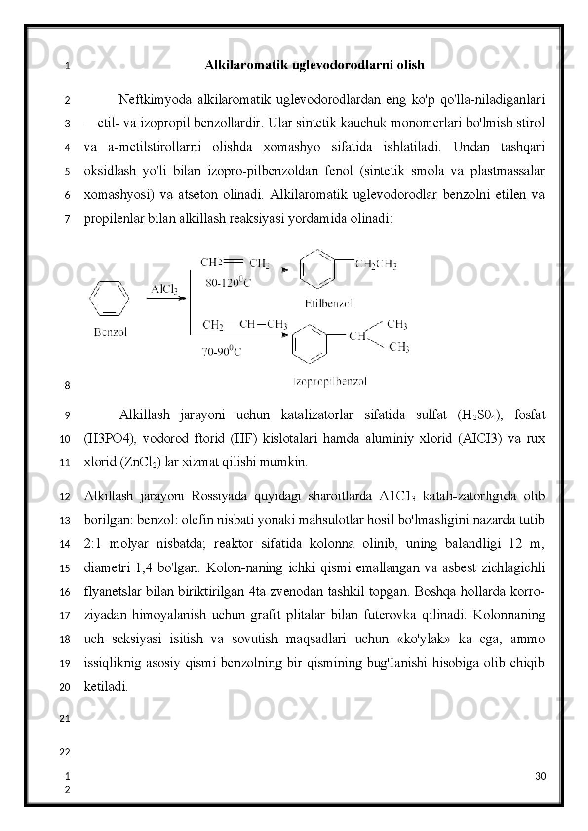 kolonnaning   quyi   qismidan   2-ekstraksion   kolonnaga   kirib   keladi.   Ushbu
kolonnaning   yuqori   qismiga   dietilen-glikolning   suvli   eritmasi   beriladi.
Maksimal   selektivlikni   ta'minlash   maqsadida   2-kolonnaga   5-kolonna   pastidan
resirkulat   yuborib   turiladi.   2-kolonna   tepasidan   olinadign   rafinat   3-kolonnaga
yuvish   uchun   yuboriladi,   pastidan   esa   ekstrakt   5-bug'latgich   kolonnaga
jo'natiladi.   Haydab   ajratib   olingan   aromatik   uglevodorodlar   5-kolonnani
tepasidan 6-haydab ajratib olingan mahsulotlar priemnigiga keladi, bu  yerdan esa
ajralgan   suv   3   va   4-yuvish   kolonnalariga   ketadi. Aromatik   uglevodorodlar
aralashmasining   bir   qismi   5-kolonnadan   ekstraksion   kolonnaga   qaytariladi,
ortiqcha   qolgan   qismi   esa   4-yuvish   kolonnasi   orqali   puxta   rektifikatsiyaga
yo'naltiriladi. 3-kolonnanig
241
2
3
4
5
6
7
8
9
10
11
12
13
14
15
16
17
18
19
20
21
22
1
2
