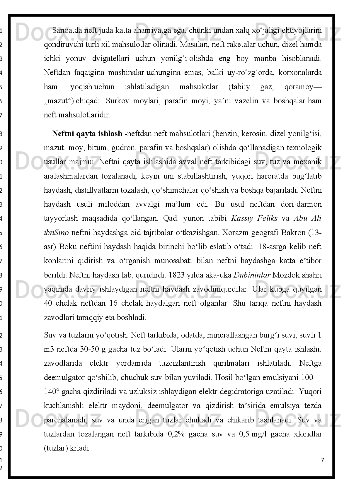 X u l o s a
O‘zbekistonning   zamonaviy   neft-gaz   sanoati-iqtisodiyotning   yirik
sohalaridan   biridir,   mamlakatni   eng   zarur   energetik   bazasidir.Sohada   talaygina
ilmiy-texnik potensial vujudga keltirilgan, uni rivojlanishida y г tuqlarga erishilgan.
Kimyo   sanoatining   rivojlanish   kulamlarini   va   jarayonlari   mazmun-
mohiyatini   neftkimyo   rivoji   tubdan   o‘zgartirib   yubordi.   Kimyoviy   mahsulotlar
ishlab   chiqarish   arzon   va   keng   xomashyo   manbalari   va   kimyoviy   sanoatning
an’anaviy   manbalari   bo‘lmish   kokskimyo   va   o‘rmonkimyo   sanoatlarining
smolalari, mineral   xom-ashyo,  oziq-ovqat  mahsulotlarini   siqib  chiqarayotgan neft
va gaz uglevodorodlarga bog‘lanib qolmoqda. Bu esa kimyoviy ishlab chiqarishni
tez rivojlanishiga va klassik sintez usullariga taqqoslaganda o‘lchab bo‘lmaydigan
darajada   ko‘proq   quvvatga   ega   bo‘lgan   kimyoviy   mahsulotlarni   olishni   boshqa
usullarini qullashni talab qiladi.
Xulosa qiladigan bulsak, neftkimyo sintezida aromatik uglevodorodlar keng
qo'llaniladi.
Shu jumladan xorij  ma'lumotlariga ko'ra 40% dan ortiq benzol  stirol  ishlab
chiqarishga   (sintetik   kauchuk   monomeri),   20%i   fenol   olishga,   10%i   sintetik   tola
ishlab   chiqarishga   hamda   qolgan   30%i   -yuvish   vositalari   ishlab   chiqarishga,
zaharli ximikatlar va boshqalarga sarf bo'ladi.
Neftkimyoda   (50-55%)   toluol   plastmassalar,   portlovchi   moddalar,   benzol
olishda, erituvchi sifatida hamda benzinlarni komponenti holida ishlatiladi.
Ksilollarning   asosiy   massasi(35%i)   erituvchi   sifatida,   yana   shunchasi
aviatsiya benzini ishlab chiqarishda ishlatiladi.
Orto-ksilol   ftal   angidridi   ishlab   chiqarishda   qo'llaniladigan   naftalin   o'rniga
keng miqyosda ishlatiladi.   Para-ksiloldan poliefir tola va plyonka ishlab chiqarish
yarim   xomashyosi   bo'lmish   tereftal   kislotasi   olinadi.   Metaksilol   ehtiyojga   kam
sarflanadi:   uni   oksidlab   izoftal   kislotasi   olinib,   u   esa   plastifikatorlar   ishlab
311
2
3
4
5
6
7
8
9
10
11
12
13
14
15
16
17
18
19
20
21
22
23
24
25
26
27
1
2