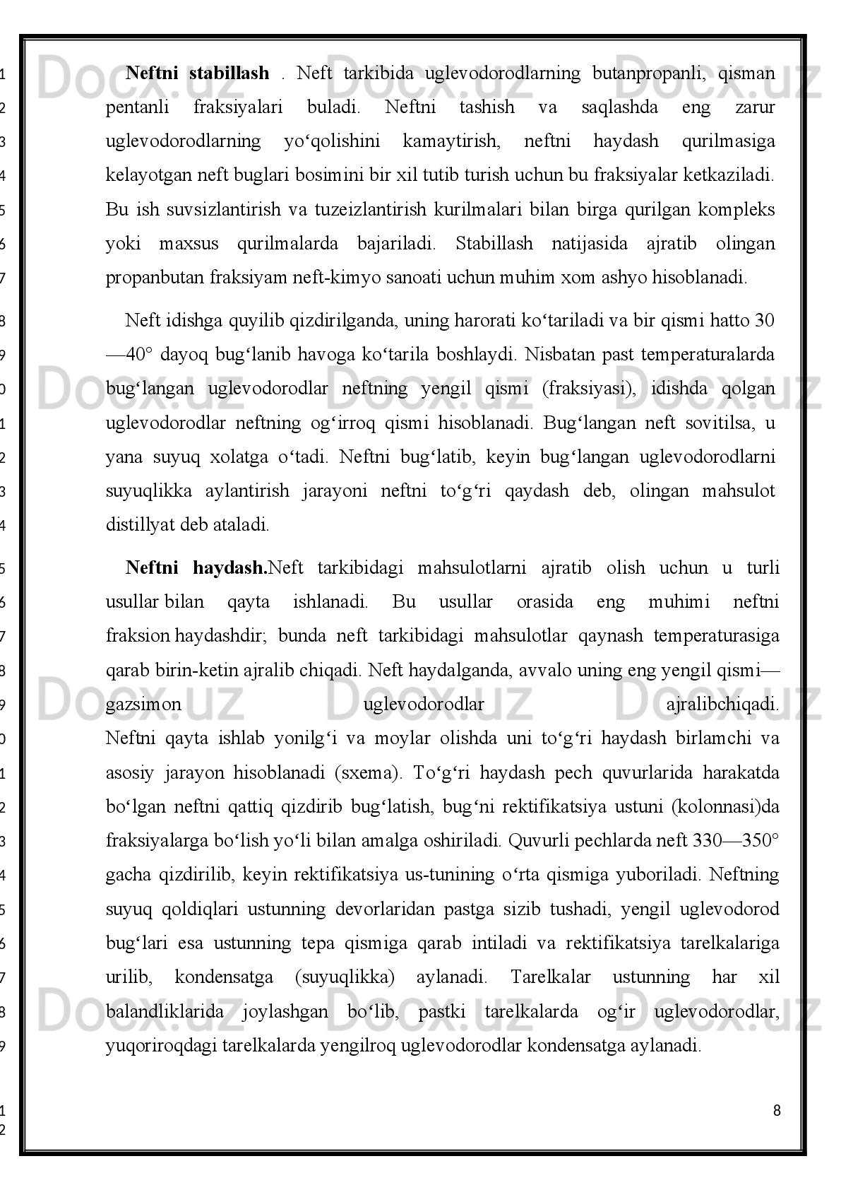 chiqarish uchun kerak; izomerlab paraksilol oladilar; yuqori oktan sonli benzinlar
uchun ham komponent hisoblanadi.
Uzoq vaqt aromatik uglevodorodlarni olishning asosiy manbasi   koksokimyo
sanoati bo'lgan, bunda 1 t toshko'mirdan 10kg ga yaqin   benzol olingan. Benzol va
uning   gomologlarini   toshko'mir   smolasidagi   miqdori   foizning   o'ndan   bir
bo'laklaricha bo'lsa-da, aromatik uglevo- dorod resurslaridan bo'lgan ushbu manbani
mensimaslik mumkin emas,   chunki ko'mirni kokslash jarayoni yirik masshtablarda
olib boriladi.
321
2
3
4
5
6
7
8
9
10
11
12
13
14
15
16
17
18
19
20
21
22
23
24
25
26
27
1
2