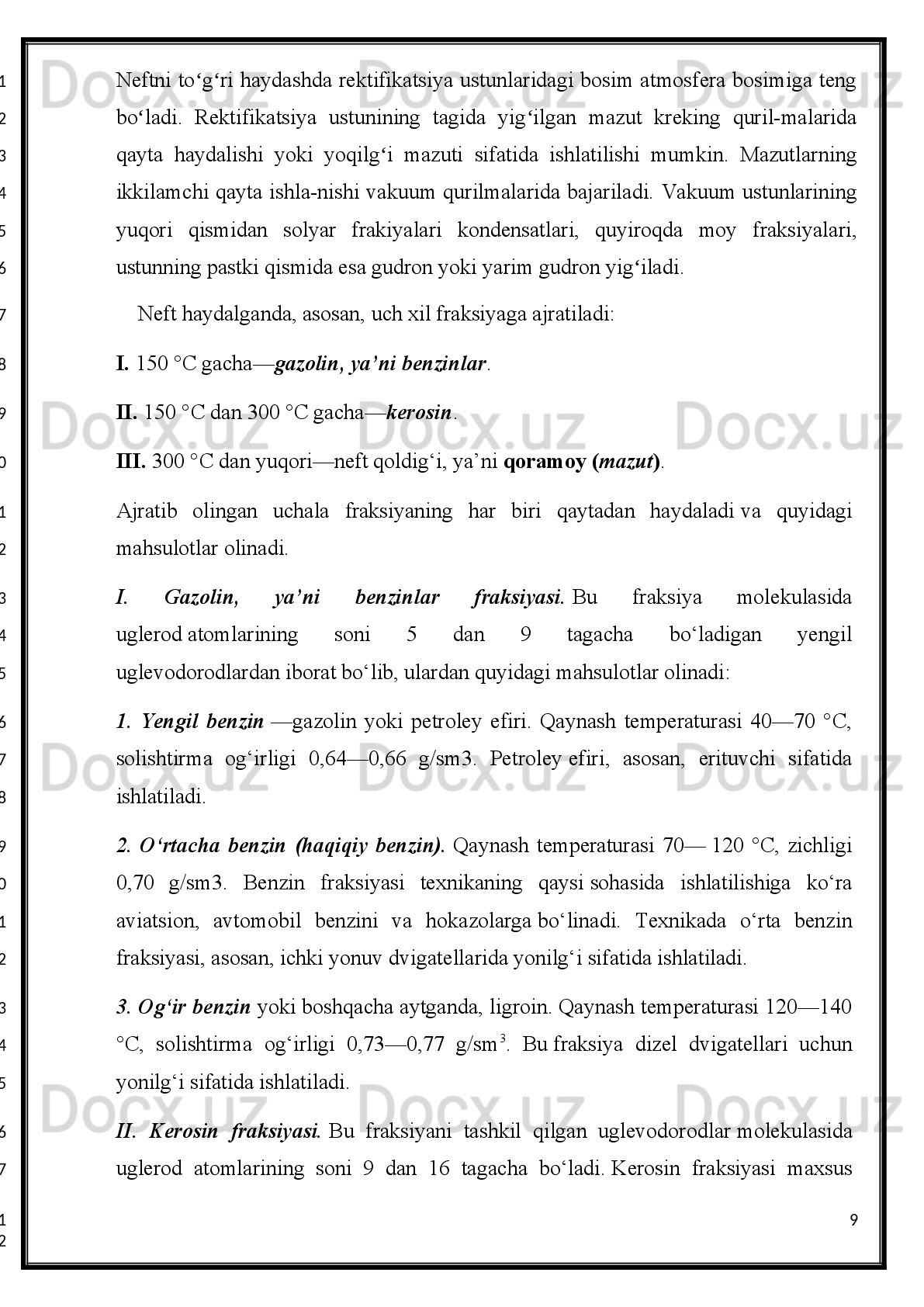 Adabiyotlar
1. “Neft kimyoviy sintez” S.M.Turobjonov, O.G‘.Azimov, 
B.O.Obidov,M.A.Eshmuhammedova, U.A.Ziyamuxammedova. “Fan va 
texnologiya nashriyoti”-2015.
2. “Neft va gaz kimyosi” B.N.Xamidov, S.F.Fozilov, Sh.M.Saydaxmedov, 
B.A.Mavlanov. 2014.
3. “Konlarda neft va gazni tayyorlash texnologiyasi”. N.N.Maxmudov, 
T.R.Yuldashev,B.SH.Akramov, M.A.Tursunov.
a. Toshkent-“Fan va texnologiya ”-2015
4. “Neft-gaz kimyosi va fizikasi”. S.M.Turabjonov, D.X.Mirximitova,                      
V.N.Jurayev, S.E. Nurmonov, O.E.Ziyadullayev. Toshkent-2014
5. A.K.Manovyan. texnologiya pervichnoy pererbotki nefti i prirodnogo gaza.   M. 
Ximiya, 2001, 568 s.
6. Sokova N.A., Ivanova L.V.Ximiya nefta i gaza.-M:RGU nefti i gaza im. 
I.M.Gubkina, 1999, 40 s.
7. Erix V.N., Rasina M.G., Rudin M.G. Ximiya i texnologiya nefta i gaza. –L: 
Ximiya, 1985. 408 s.
8. S.V.Adelson, T.P.Vishnyakova, Y.M.Paushkin, Texnologiya nefteximicheskogo 
sinteza, Moskva.
9. www.ziyonet.uz    .
331
2
3
4
5
6
7
8
9
10
11
12
13
14
15
16
17
18
19
20
21
22
23
24
25
1
2