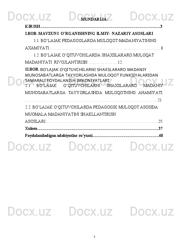 MUNDARIJA:
KIRISH....................................................................................................................3
I.BOB.   MAVZUNI  O’RGANISHNING ILMIY- NAZARIY ASOSLARI
1.1. BO’LAJAK PEDAGOGLARDA MULOQOT-MADANIYATINING 
AXAMIYATI……………………………………………………………..……..…6
1.2. BO‘LAJAK O‘QITUVCHILARDA SHAXSLARARO MULOQAT 
MADANIYATI  RIVOJLANTIRISH  ………...…….…12
II.BOB.  
BO‘LAJ AK O‘QI TUV CHI LARN I  SHAX SLARARO MADAN I Y  
MUN OSABATLARGA  TAY Y ORLASHDA  MULOQOT FUNKSI Y ALARI DAN  
SAMARALI  FOY DALAN I SH I MKON I Y ATLARI
2.1   BO‘LAJAK   O‘QITUVCHILARNI   SHAXSLARARO   MADANIY
MUNOSABATLARGA   TAYYORLASHDA   MULOQOTNING   AHAMIYATI .
…………………………………………………………………………………....21
2.2. BO‘LAJAK O‘QITUVCHILARDA PEDAGOGIK MULOQOT ASOSIDA 
MUOMALA MADANIYATINI SHAKLLANTIRISH 
ASOSLARI………………………………………………………..……………...25
Xulosa.....................................................................................................................37
Foydalaniladigan adabiyotlar ro’yxati................................................................40
2 