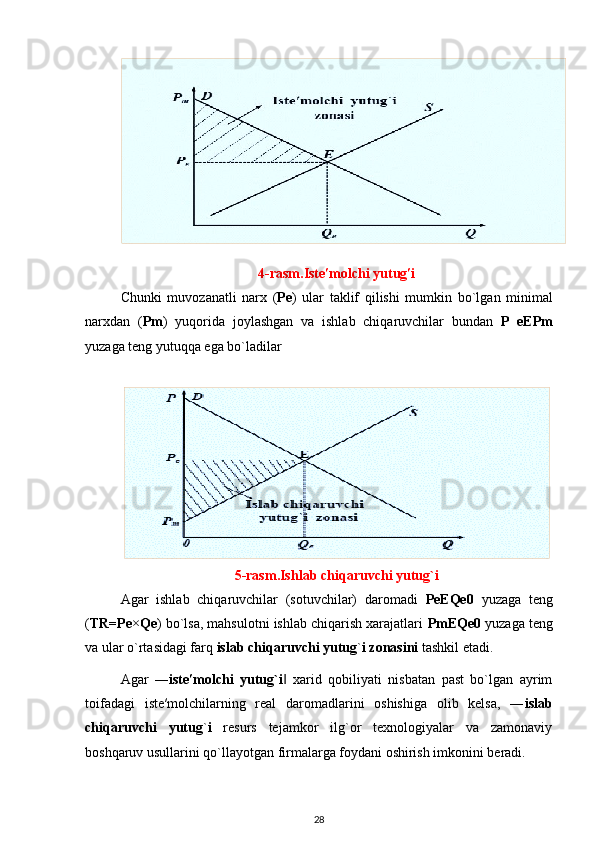 4-rasm.Iste′molchi yutug′i
Chunki   muv о z а n а tli   n а r х   ( Pe )   ular   t а klif   qilishi   mumkin   bo`lg а n   minim а l
n а r х d а n   ( Pm )   yuq о rid а   j о yl а shg а n   va   ishl а b   chiq а ruvchilar   bundan   P   eEPm
yuzaga teng yutuqqa ega bo`l а dil а r
5-rasm.Ishlab chiqaruvchi yutug`i
Agar   ishlab   chiqaruvchilar   (sotuvchilar)   daromadi   PeEQe0   yuzaga   teng
( TR=Pe×Qe ) bo`lsa, mahsulotni ishlab chiqarish xarajatlari  PmEQe0  yuzaga teng
va ular o`rtasidagi farq  islab chiqaruvchi yutug ` i zonasini  tashkil etadi.
Agar   ― iste′molchi   yutug`i   xarid   qobiliyati   nisbatan   past   bo`lgan   ayrim‖
toifadagi   iste′molchilarning   real   daromadlarini   oshishiga   olib   kelsa,   ― islab
chiqaruvchi   yutug ` i   resurs   tejamkor   ilg`or   texnologiyalar   va   zamonaviy
boshqaruv usullarini qo`llayotgan firmalarga foydani oshirish imkonini beradi.
28 