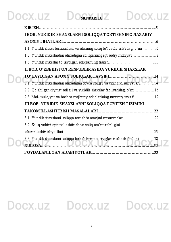 MUNDARIJA
KIRISH…………………………………………………………………………....3
I BOB. YURIDIK SHAXSLARNI SOLIQQA TORTISHNING NAZARIY-
ASOSIY JIHATLARI…………………………………………………………….6
1.1. Yuridik shaxs tushunchasi va ularning soliq to‘lovchi sifatidagi o‘rni…..……6
1.2. Yuridik shaxslardan olinadigan soliqlarning iqtisodiy mohiyati………………8
1.3. Yuridik shaxslar to‘laydigan soliqlarning tasnifi…………………………….11
II BOB. O‘ZBEKISTON RESPUBLIKASIDA YURIDIK SHAXSLAR 
TO‘LAYDIGAN ASOSIY SOLIQLAR TAVSIFI…………………………….14
2.1. Yuridik shaxslardan olinadigan foyda solig‘i va uning xususiyatlari………..14
2.2. Qo‘shilgan qiymat solig‘i va yuridik shaxslar faoliyatidagi o‘rni……………16
2.3. Mol-mulk, yer va boshqa majburiy soliqlarining umumiy tavsifi……………19
III BOB. YURIDIK SHAXSLARNI SOLIQQA TORTISH TIZIMINI 
TAKOMILLASHTIRISH MASALALARI……………………………………22
3.1. Yuridik shaxslarni soliqqa tortishda mavjud muammolar……………………22
3.2. Soliq yukini optimallashtirish va soliq ma’murchiligini 
takomillashtirishyo‘llari…………………………………………………………..25
3.3. Yuridik shaxslarni soliqqa tortish tizimini rivojlantirish istiqbollari………...28
XULOSA………………………………………………………………………....30
FOYDALANILGAN ADABIYOTLAR………………………………………..33
2 