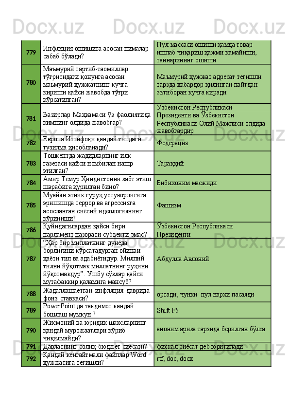 779 Инфляция   ошишига   асосан   нималар 
сабаб бўлади? Пул массаси ошиши ҳамда товар 
ишлаб   чиқариш   ҳажми   камайиши, 
таннархнинг ошиши
780 Маъмурий   тартиб-таомиллар 
тўғрисидаги қонунга асосан 
маъмурий   ҳужжатнинг   кучга 
кириши   қайси   жавобда   тўғри
кўрсатилган? Маъмурий   ҳужжат   адресат   тегишли 
тарзда хабардор қилинган пайтдан 
эътиборан кучга киради
781 Вазирлар   Маҳкамаси   ўз   фаолиятида 
кимнинг олдида жавобгар? Ўзбекистон   Республикаси
Президенти   ва   Ўзбекистон
Республикаси   Олий   Мажлиси   олдида
жавобгардир
782 Европа   Иттифоқи   қандай   типдаги 
тузилма ҳисобланади? Федерация
783 Тошкентда жадидларнинг илк 
газетаси   қайси   номбилан   нашр
этилган? Тараққий
784 Амир   Темур   Ҳиндистонни   забт   этиш 
шарафига қурилган бино? Бибихоним   масжиди
785 Муайян   этник   гуруҳ   устуворлигига 
эришишда террор ва агрессияга 
асосланган сиёсий идеологиянинг
кўриниши? Фашизм
786 Қуйидагилардан қайси бири 
парламент   назорати   субъекти   эмас? Ўзбекистон   Республикаси 
Президенти
787 “Ҳар бир миллатнинг дунёда 
борлиғини кўрсатадурган ойинаи 
ҳаёти тил ва адабиётидур. Миллий 
тилни   йўқотмак   миллатнинг   руҳини
йўқотмакдур”.   Ушбу   сўзлар   қайси 
мутафаккир қаламига мансуб? Абдулла   Авлоний
788 Жадаллашаётган   инфляция   даврида 
фоиз   ставкаси? ортади,   чунки   пул   нархи  пасаяди
789 PowerPoint   да   такдимот   кандай 
бошлаш мумкун ? Shift   F5
790 Жисмоний   ва   юридик   шахсларнинг 
қандай мурожаатлари кўриб 
чиқилмайди? аноним   ариза   тарзида   берилган   бўлса
791
Давлатнинг   солиқ-бюджет   сиёсати? фискал   сиёсат   деб   юритилади
792 Қандай   кенгайтмали   файллар   Word 
ҳужжатига тегишли? rtf,   doc,   docx 