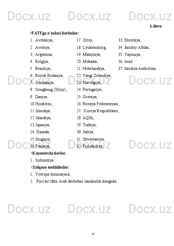 1-ilova
• FATFga a’zolari davlatlar:
1. Avstraliya,  17. Xitoy,    33. Shvetsiya,
2. Avstriya,  18. Lyuksemburg,  34. Janubiy Afrika, 
3. Argentina,  19. Malayziya,  35. Yaponiya, 
4. Belgiya,  20. Meksika,  36. Isroil. 
5. Braziliya,  21. Niderlandiya,  37. Saudiya Arabistoni.
6. Buyuk Britaniya,  22. Yangi Zelandiya, 
7. Germaniya,  23. Norvegiya, 
8. Gongkong (Xitoy),  24. Portugaliya, 
9. Daniya,  25. Gretsiya,
10. Hindiston,  26. Rossiya Federatsiyasi,
11. Irlandiya,  27.  Koreya Respublikasi, 
12. Islandiya,  28. AQSh, 
13. Ispaniya, 29. Turkiya,
14.  Kanada,  30. Italiya,
15. Singapur,  31. Shveytsariya, 
16. Fransiya, 32. Finlyandiya, 
• Kuzatuvchi davlat: 
1. Indoneziya.
• Xalqaro tashkilotlar: 
1. Yevropa komissiyasi,
2.  Fors ko’rfazi Arab davlatlari hamkorlik kengashi.
47