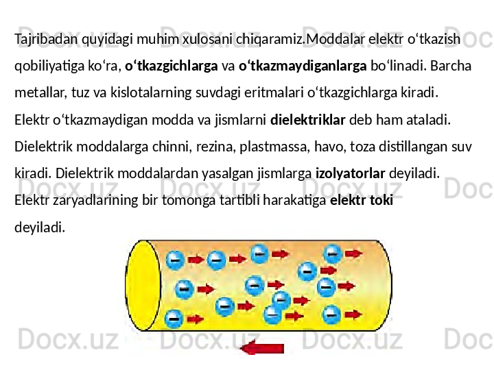 Tajribadan quyidagi muhim xulosani chiqaramiz.Moddalar elektr o‘tkazish 
qobiliyatiga ko‘ra,  o‘tkazgichlarga  va  o‘tkazmaydiganlarga  bo‘linadi. Barcha 
metallar, tuz va kislotalarning suvdagi eritmalari o‘tkazgichlarga kiradi. 
Elektr o‘tkazmaydigan modda va jismlarni  dielektriklar  deb ham ataladi. 
Dielektrik   moddalarga chinni, rezina, plastmassa, havo, toza distillangan suv
kiradi. Dielektrik moddalardan yasalgan jismlarga  izolyatorlar  deyiladi.
Elektr zaryadlarining bir tomonga tartibli harakatiga  elektr toki
deyiladi. 