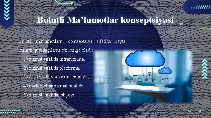Bulutli Ma’lumotlar konseptsiyasi
Bulutli  ma'lumotlarni  kontseptsiya  sifatida  qayta 
ishlash quyidagilarni o'z ichiga oladi: 
1) xizmat sifatida infratuzilma; 
2) xizmat sifatida platforma;
3) dastur sifatida xizmat sifatida;
4) ma'lumotlar xizmat sifatida;
5) xizmat sifatida ish joyi.