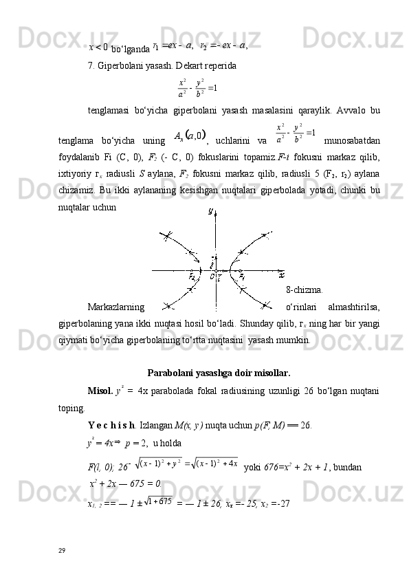 0	x bo‘lganda 	1 2	, ,	r ex a r ex a	   
7. Gip е rbolani yasash. D е kart r е p е rida
                                     	
1	2
2	
2
2	
		b
y	
a
x
t е nglamasi   bo‘yicha   gip е rbolani   yasash   masalasini   qaraylik.   Avvalo   bu
t е nglama   bo‘yicha   uning  
		, 0	xA a ,   uchlarini   va  	1	2
2	
2
2	
		b
y	
a
x   munosabatdan
foydalanib   Fi   ( С ,   0),   F
2   (-   С ,   0)   fokuslarini   topamiz. F-i   fokusni   markaz   qilib,
ixtiyoriy   г
х   radiusli   S   а ylana,   F
2   fokusni   markaz   qilib,   radiusli   5   (F
2 ,   r
2 )   aylana
chizamiz.   Bu   ikki   aylananing   k е sishgan   nuqtalari   gip е rbolada   yotadi,   chunki   bu
nuqtalar uchun
 	
 
                                       8-chizma.
Markazlarning o‘rinlari   almashtirilsa,
gip е rbolaning yana ikki nuqtasi hosil bo‘ladi. Shunday qilib,   г
х   ning har bir yangi
qiymati bo‘yicha gip е rbolaning to‘rtta nuqtasini  yasash mumkin.
Parabolani yasashga doir misollar.
Misol.   у ²
  =   4 х   parabolada   fokal   radiusining   uzunligi   26   bo‘lgan   nuqtani
toping.
Y e c h i s h . Izlangan   М ( х ,  у )  nuqta uchun  p(F,  М )  == 26. 
у ²
 =  4х 
 р  = 2,   u   hold а
F ( l , 0); 26	
x	x	y	x	4	)1	(	)1	(	2	2	2						     y oki   676=х 2
 + 2 x   + 1 ,  bundan
  х 2
  +  2х — 675 = 0.
x
1,  
2  == — 1 ±	
675	1  = — 1 ± 26,  х
г  =-  25,  х
2   = -27
29 