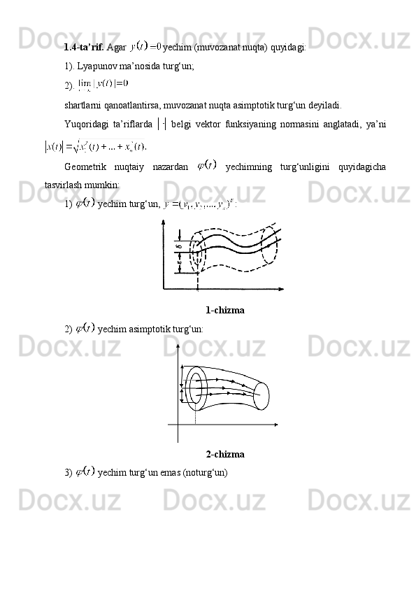 1.4-ta’rif.  Agar  yechim (muvozanat nuqta) quyidagi:
1). Lyapunov ma’nosida turg‘un;
2). 
shartlarni qanoatlantirsa, muvozanat nuqta asimptotik turg‘un deyiladi.
Yuqoridagi   ta’riflarda     belgi   vektor   funksiyaning   normasini   anglatadi,   ya’ni
Geometrik   nuqtaiy   nazardan     yechimning   turg‘unligini   quyidagicha
tasvirlash mumkin:
1)    yechim   turg‘un ,  : 
1-chizma
2)   yechim asimptotik turg‘un:
2-chizma
3)   yechim turg‘un emas (noturg‘un) 