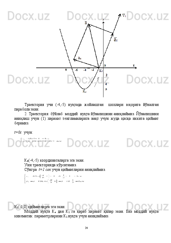 Траектория   учи   (-4,-5)   нуқтада   жойлашган     шохлари   юқорига   йўналган
парабола экан.
2. Траектория  бўйлаб  моддий  нуқта йўналишини аниқлаймиз. Йўналишини
аниқлаш   учун   (1)   харакат   тенгламаларига   вақт   учун   жуда   қисқа   иккита   қиймат
берамиз.
t =0 c    учун:
К
0 (-4;-5) координаталарга эга экан.
Уни траекторияда кўрсатамиз.
Сўнгра   t=1 сек  учун қийматларни аниқлаймиз.
К
1 (-1;0) қийматларга эга экан.
Моддий   нуқта   К
о   дан   К
1   га   қараб   харакат   қилар   экан.   Биз   моддий   нуқта
кинематик  параметрларини К
1  нуқта учун аниқлаймиз.
24 