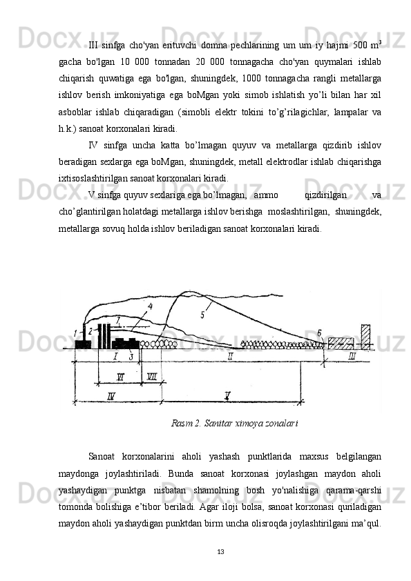 III   sinfga   cho'yan   erituvchi   domna   pechlarining   um   um   iy   hajmi   500   m 3
gacha   bo'lgan   10   000   tonnadan   20   000   tonnagacha   cho'yan   quymalari   ishlab
chiqarish   quwatiga   ega   bo'lgan,   shuningdek,   1000   tonnagacha   rangli   metallarga
ishlov   berish   imkoniyatiga   ega   boMgan   yoki   simob   ishlatish   yo’li   bilan   har   xil
asboblar   ishlab   chiqaradigan   (simobli   elektr   tokini   to’g’rilagichlar,   lampalar   va
h.k.) sanoat korxonalari kiradi.
IV   sinfga   uncha   katta   bo’lmagan   quyuv   va   metallarga   qizdirib   ishlov
beradigan sexlarga ega boMgan, shuningdek, metall elektrodlar ishlab chiqarishga
ixtisoslashtirilgan sanoat korxonalari kiradi.
V sinfga quyuv sexlariga ega bo’lmagan, ammo   qizdirilgan   va
cho’glantirilgan holatdagi metallarga ishlov berishga   moslashtirilgan,   shuningdek,
metallarga sovuq holda ishlov beriladigan sanoat korxonalari kiradi.
Rasm 2. Sanitar ximoya zonalari
Sanoat   korxonalarini   aholi   yashash   punktlarida   maxsus   belgilangan
maydonga   joylashtiriladi.   Bunda   sanoat   korxonasi   joylashgan   maydon   aholi
yashaydigan   punktga   nisbatan   shamolning   bosh   yo'nalishiga   qarama-qarshi
tomonda  bolishiga   e’tibor   beriladi.   Agar   iloji   bolsa,   sanoat   korxonasi   quriladigan
maydon aholi yashaydigan punktdan birm uncha olisroqda joylashtirilgani ma’qul.
13 