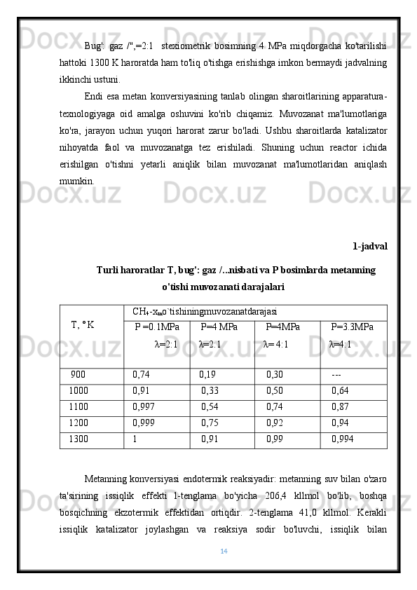 Bug':   gaz   /",=2:1     stexiometrik   bosimning   4   MPa   miqdorgacha   ko'tarilishi
hattoki 1300 K haroratda ham to'liq o'tishga erishishga imkon bermaydi jadvalning
ikkinchi ustuni.
Endi   esa   metan   konversiyasining   tanlab   olingan   sharoitlarining   apparatura-
texnologiyaga   oid   amalga   oshuvini   ko'rib   chiqamiz.   Muvozanat   ma'lumotlariga
ko'ra,   jarayon   uchun   yuqori   harorat   zarur   bo'ladi.   Ushbu   sharoitlarda   katalizator
nihoyatda   faol   va   muvozanatga   tez   erishiladi.   Shuning   uchun   reactor   ichida
erishilgan   o'tishni   yetarli   aniqlik   bilan   muvozanat   ma'lumotlaridan   aniqlash
mumkin.
1-jadval
Turli haroratlar T, bug': gaz /...nisbati va P bosimlarda metanning
o'tishi muvozanati darajalari
 T, ˚ K CH
4 -x
m o`tishiningmuvozanatdarajasi
 P =0.1MPa
 λ=2:1   P=4 MPa
λ=2:1  P=4MPa
λ= 4:1  P=3.3MPa
λ=4:1
 900 0 , 74 0,19  0,30  ---
1000 0 , 91   0,33  0,50  0,64
1100 0 , 997  0,54  0,74  0,87
1200  0 , 999  0,75  0,92  0,94
1300 1  0,91  0,99  0,994
Metanning konversiyasi endotermik reaksiyadir: metanning suv bilan o'zaro
ta'sirining   issiqlik   effekti   l-tenglama   bo'yicha   206,4   kllmol   bo'lib,   boshqa
bosqichning   ekzotermik   effektidan   ortiqdir.   2-tenglama   41,0   kllmol.   Kerakli
issiqlik   katalizator   joylashgan   va   reaksiya   sodir   bo'luvchi,   issiqlik   bilan
14 