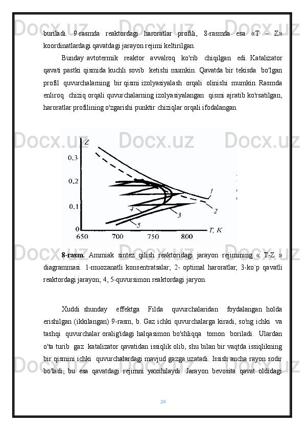 buriladi.   9 -rasmda   reaktordagi   haroratlar   profili,   8 -rasmda   esa   «T   –   Z»
koordinatlardagi qavatdagi jarayon rejimi keltirilgan.  
Bunday   avtotermik     reaktor     avvalroq     ko'rib     chiqilgan     edi.   Katalizator
qavati   pastki  qismida   kuchli   sovib    ketishi   mumkin.  Qavatda   bir  tekisda    bo'lgan
profil  quvurchalarning  bir qismi izolyasiyalash  orqali  olinishi  mumkin. Rasmda
enliroq   chiziq orqali quvurchalarning izolyasiyalangan   qismi ajratib ko'rsatilgan,
haroratlar profilining o'zgarishi punktir chiziqlar orqali ifodalangan. 
8-rasm.   Ammiak   sintez   qilish   reaktoridagi   jarayon   rejimining   «   T-Z   »
diagrammasi.   1-muozanatli   konsentratsalar;   2-   optimal   haroratlar;   3-ko`p   qavatli
reaktordagi jarayon; 4, 5-quvursimon reaktordagi jaryon.
Xuddi   shunday     effektga     Filda     quvurchalaridan     foydalangan   holda
erishilgan  (ikkilangan)  9-rasm, b. Gaz ichki  quvurchalarga kiradi, so'ng ichki    va
tashqi    quvurchalar  oralig'idagi   halqasimon  bo'shliqqa     tomon   boriladi.    Ulardan
o'ta turib   gaz   katalizator qavatidan issiqlik olib, shu bilan bir vaqtda issiqlikning
bir qismini ichki   quvurchalardagi mavjud gazga uzatadi. Issish ancha rayon sodir
bo'ladi,   bu   esa   qavatdagi   rejimni   yaxshilaydi.   Jarayon   bevosita   qavat   oldidagi
24 