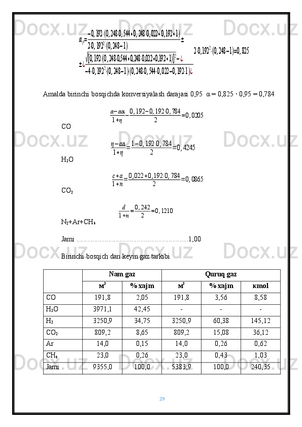 αР=
−0,192	⋅(0,248	⋅0,544	+0,248	⋅0,022	+0,192	+1)	
2⋅0,192	2⋅(0,248	−1)	
±	
±¿√[0,192	⋅(0,248	⋅0,544	+0,248	⋅0,022	+0,192	+1)]2−¿	
−4⋅0,192	2⋅(0,248	−1)⋅(0,248	⋅0,544	⋅0,022	−0,192	⋅1)¿
2⋅0,192	2⋅(0,248	−1)=0,825Amalda birinchi bosqichda konversiyalash darajasi 0,95   α  = 0,825 · 0,95 = 0,784
СО                     	
a−aα	
1+η	−0,192	−0,192	⋅0,784	
2	=0,0205
Н
2 О                    	
η−	аα	
1+η	=	1−	0,192	⋅0,784	
2	=0,4245
СО
2                      	
с+а	
1+n=	0,022	+0,192	⋅0,784	
2	=	0,0865
N
2 + Ar + CH
4             	
d
1+n=	0,242
2	=0,1210
Jami  ...............................................................1,00
Birinchi bosqich dan keyin gaz tarkibi 
Nam gaz Quruq gaz
м 3
%  xajm м 3
%  xajm к m о l
СО 191,8 2,05 191,8 3,56 8,58
Н
2 О 3971,1 42,45 - - -
Н
2 3250,9 34,75 3250,9 60,38 145,12
СО
2 809,2 8,65 809,2 15,08 36,12
Ar 14,0 0,15 14,0 0,26 0,62
CH
4 23,0 0,26 23,0 0,43 1,03
Jami 9355,0 100,0 5383,9 100,0 240,35
29 